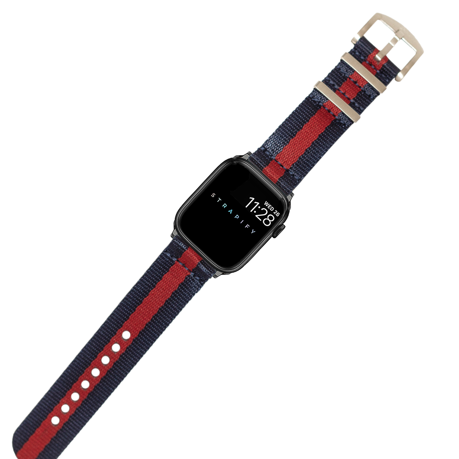 Black smartwatch with navy blue and red striped fabric band and tan buckle, displaying time on screen
