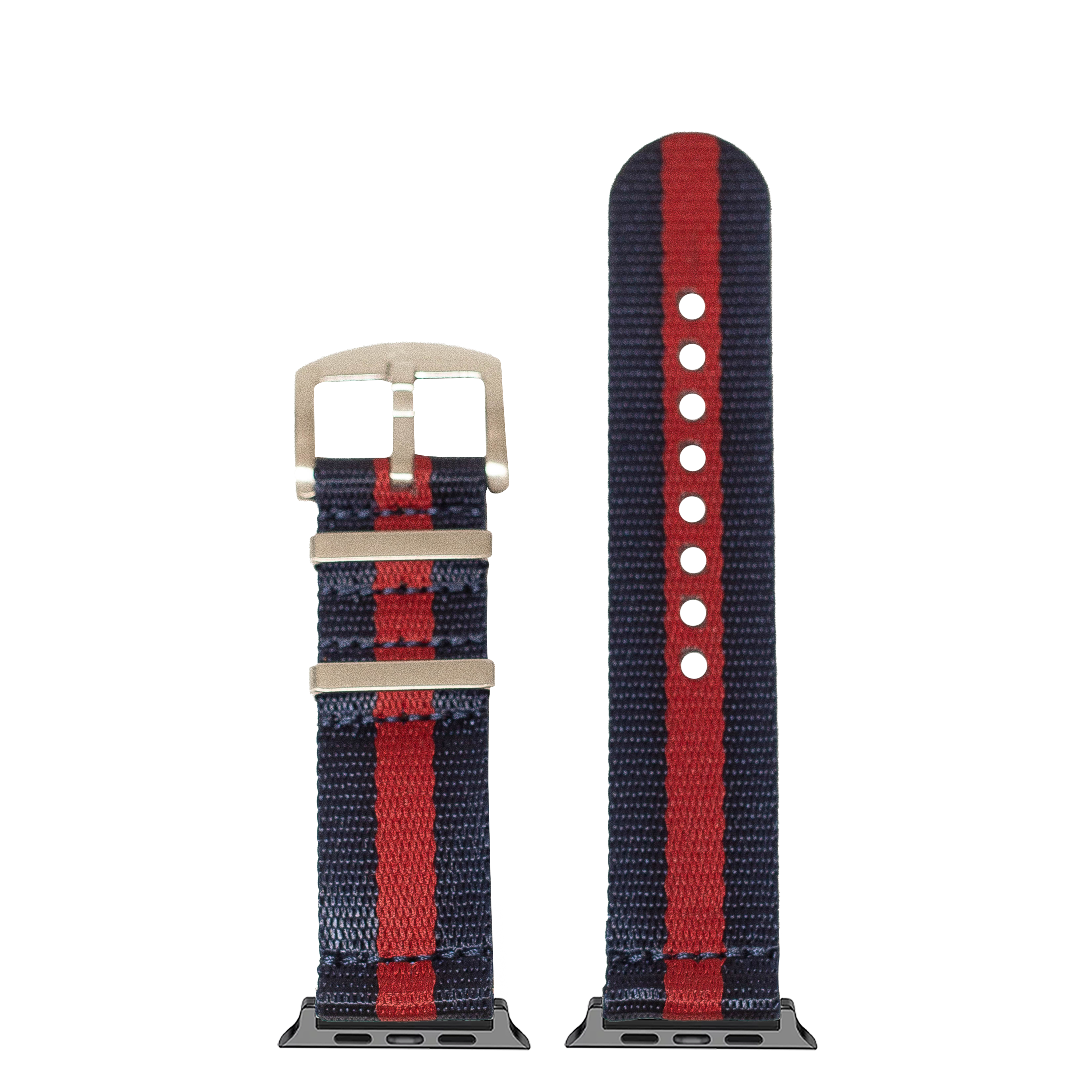 Apple Watch band Supreme Militex navy blue and red striped fabric with khaki buckle and connector hardware