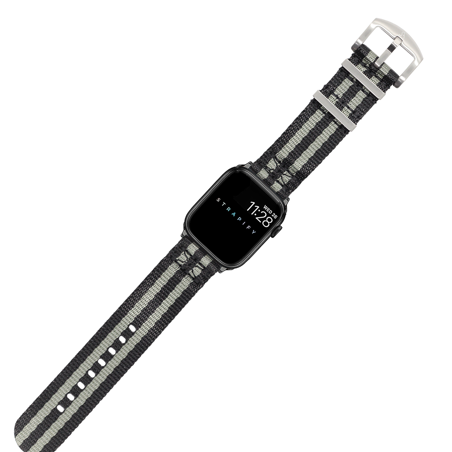Black and grey striped Militex fabric watch band with polished metal buckle for Apple Watch, Supreme Bond design
