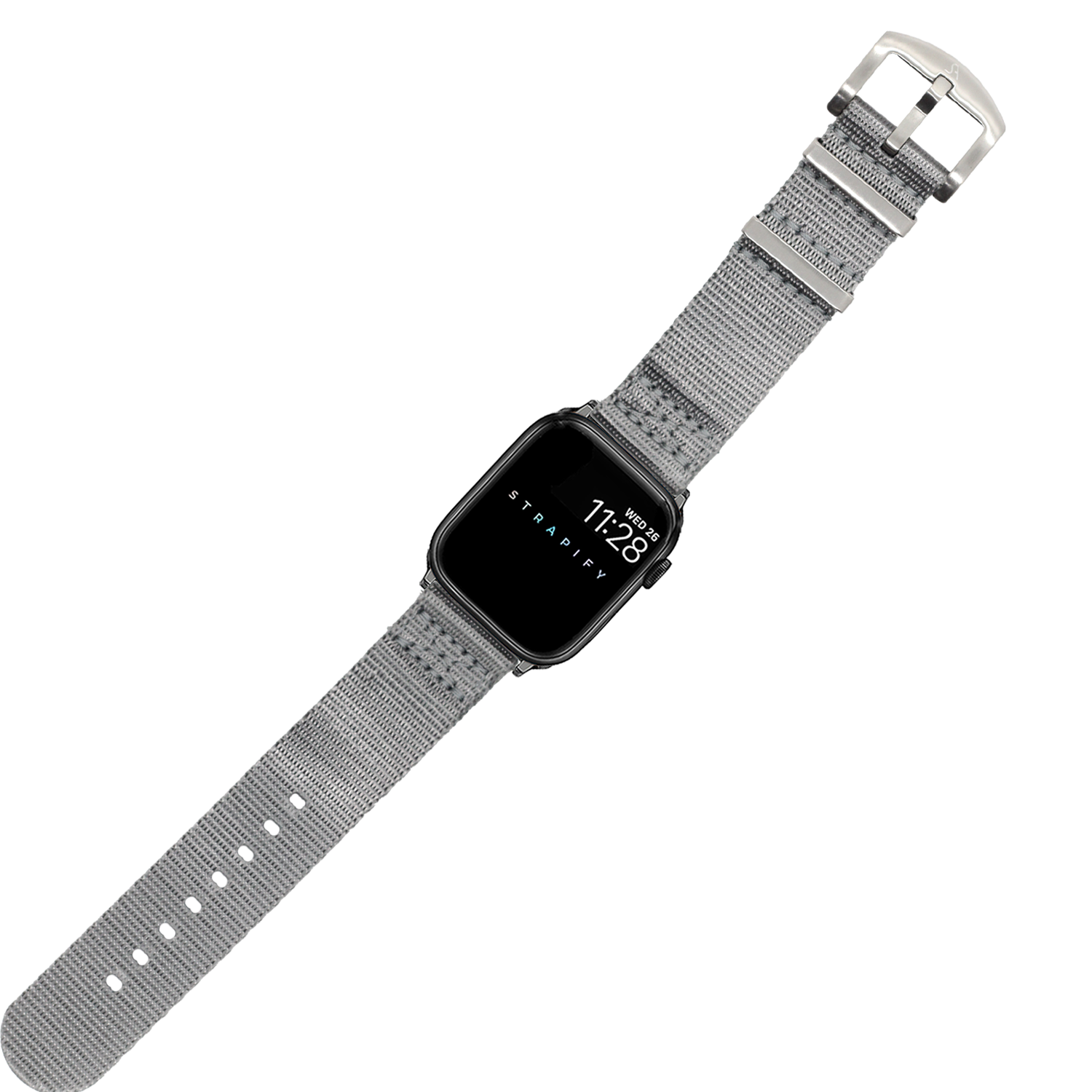 Black Apple Watch with grey woven fabric strap and silver buckle on white background