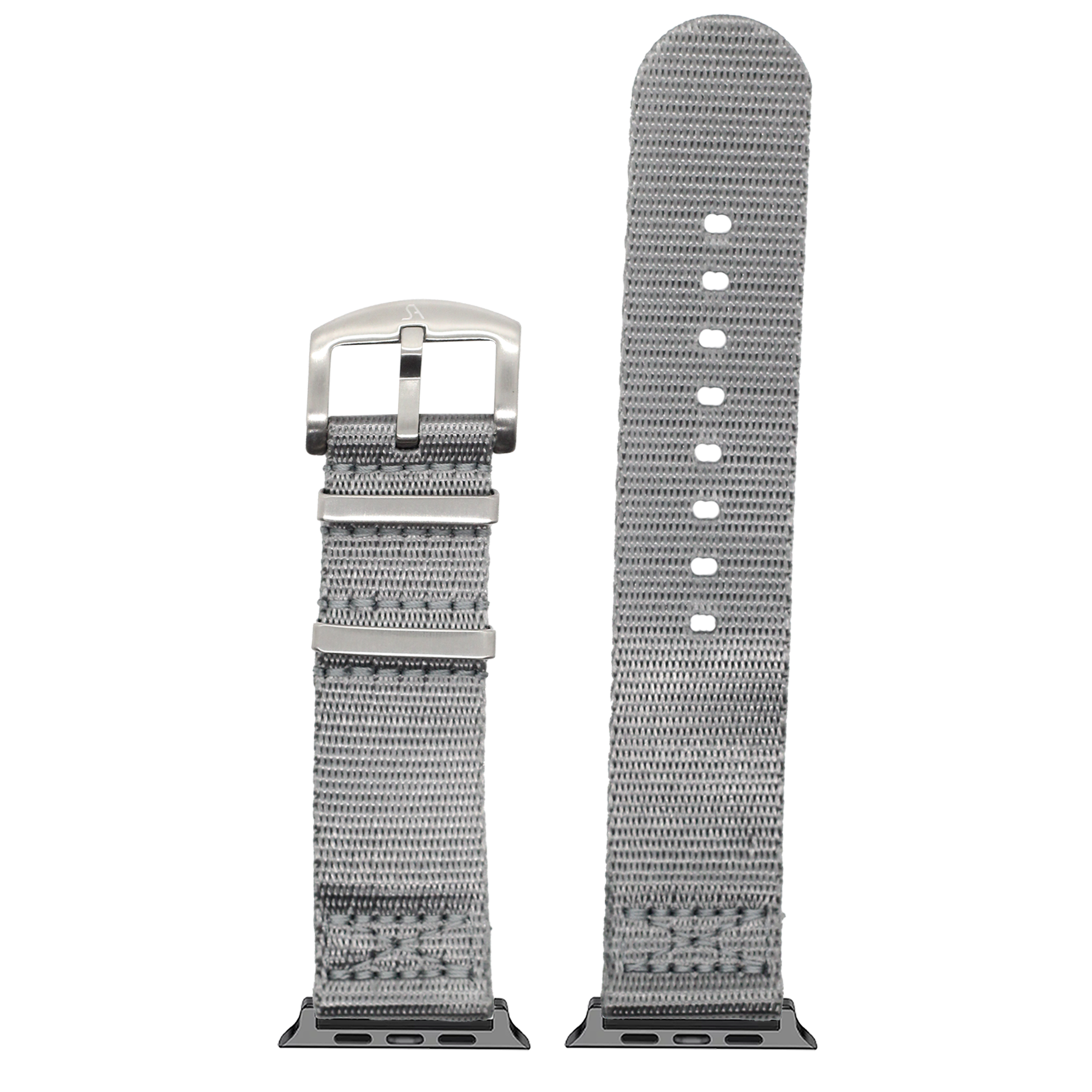 Gray woven fabric watch band with silver buckle and connector for Apple Watch, shown attached and detached