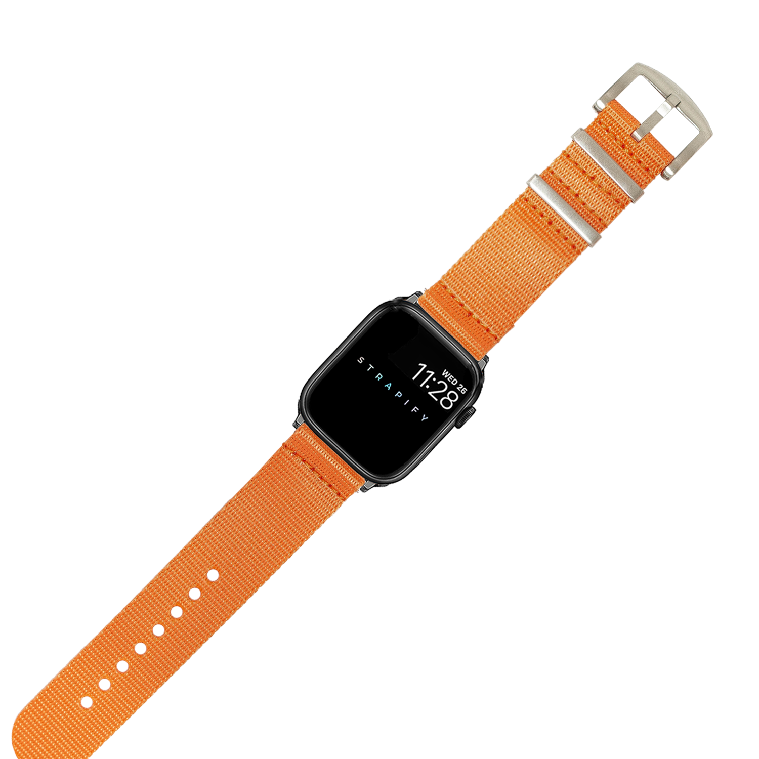 Black smartwatch with orange Militex fabric strap and silver buckle, displaying date and time on screen