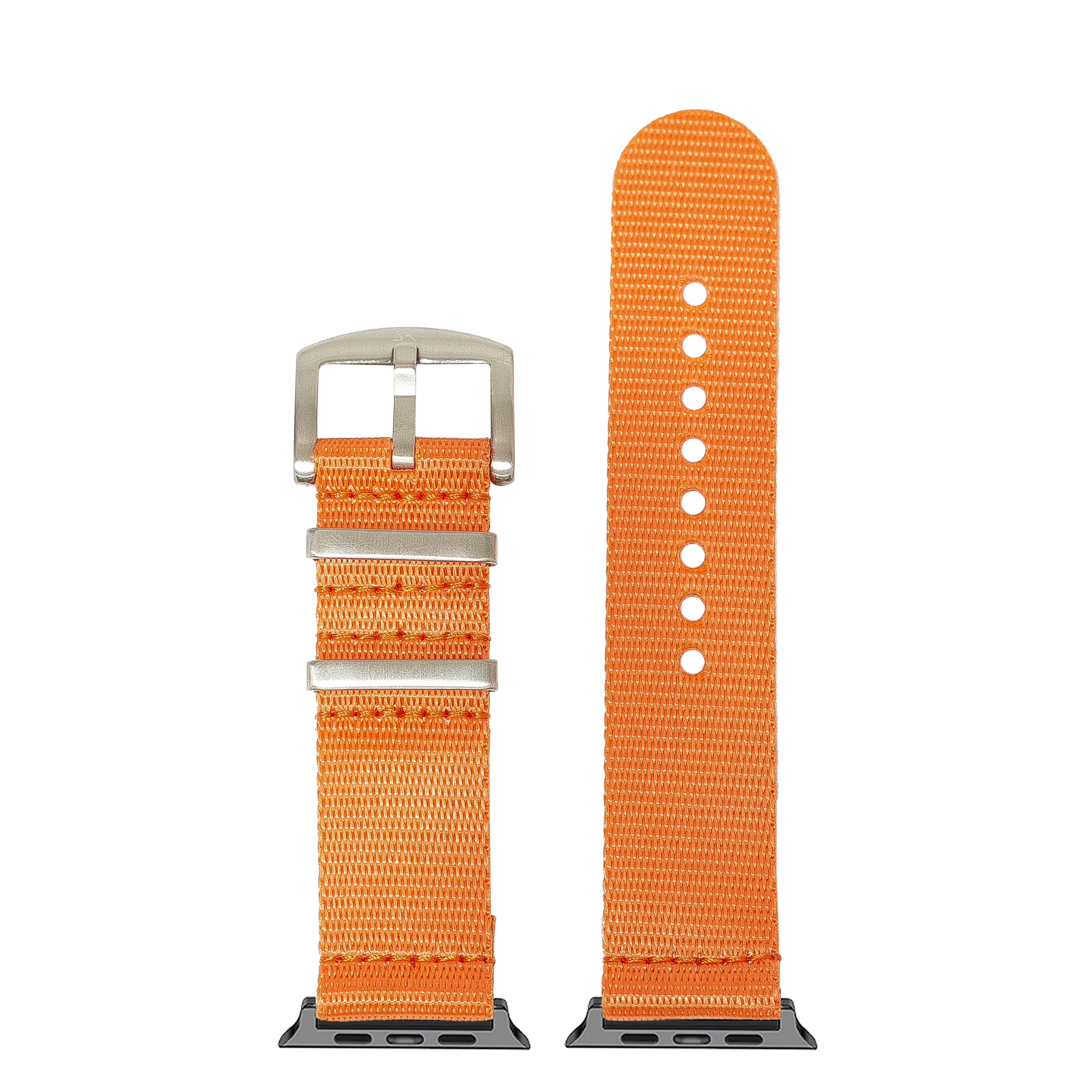 Orange woven fabric watch band with silver buckle and connector adapter for Apple Watch