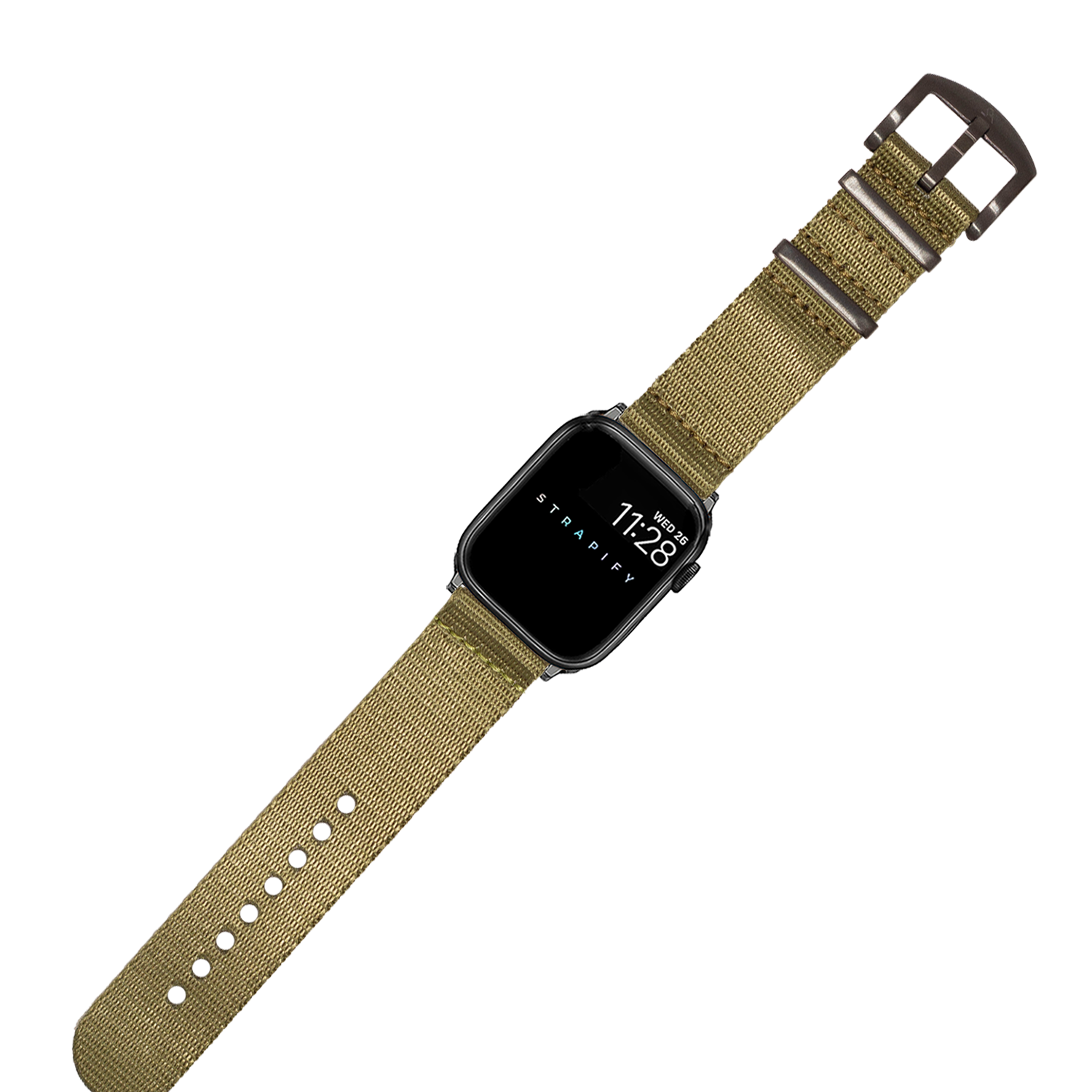 Black smartwatch with army green fabric strap and black hardware buckle displaying time on digital screen