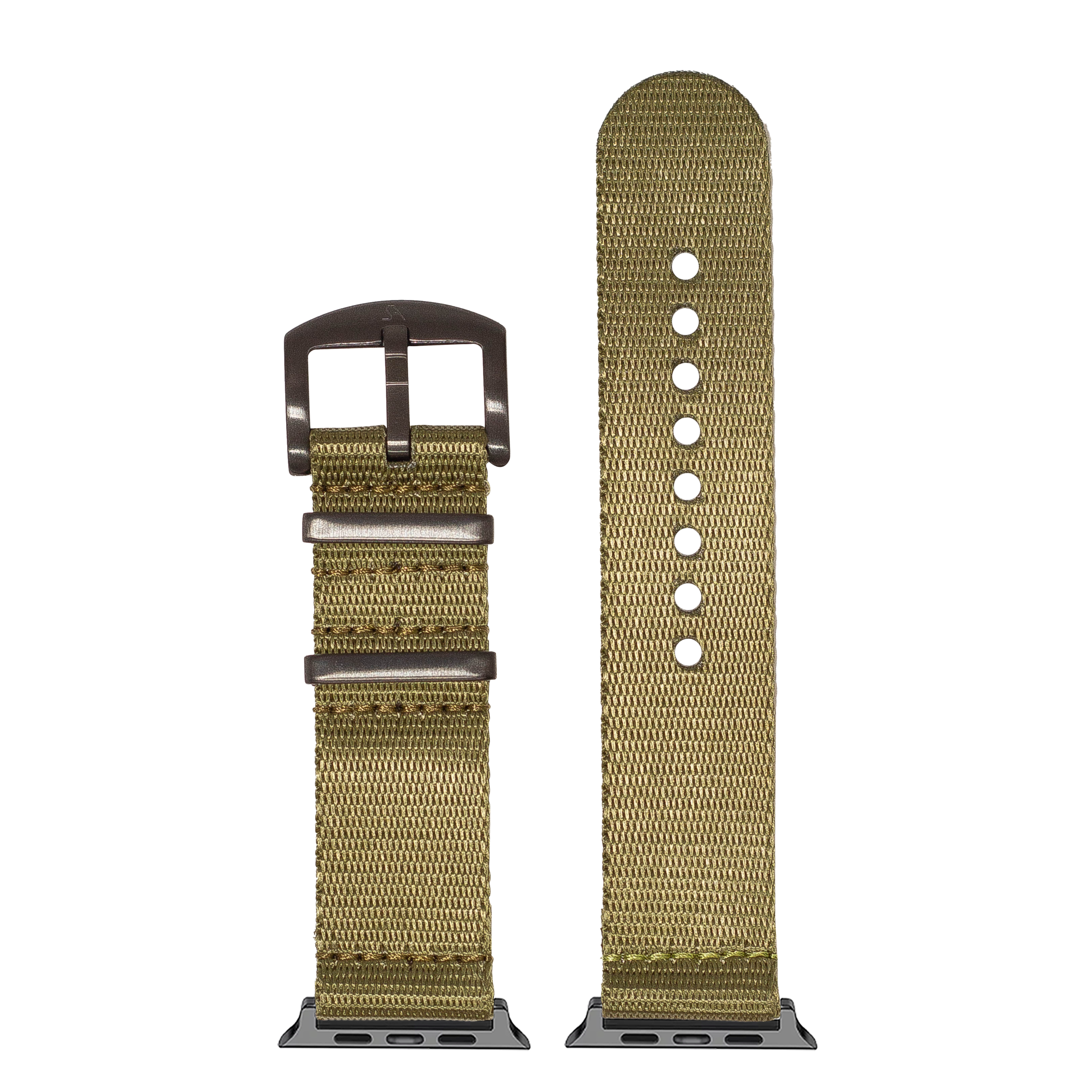 Olive green woven fabric Apple Watch band with black hardware, shown buckled and unbuckled with connector adapter