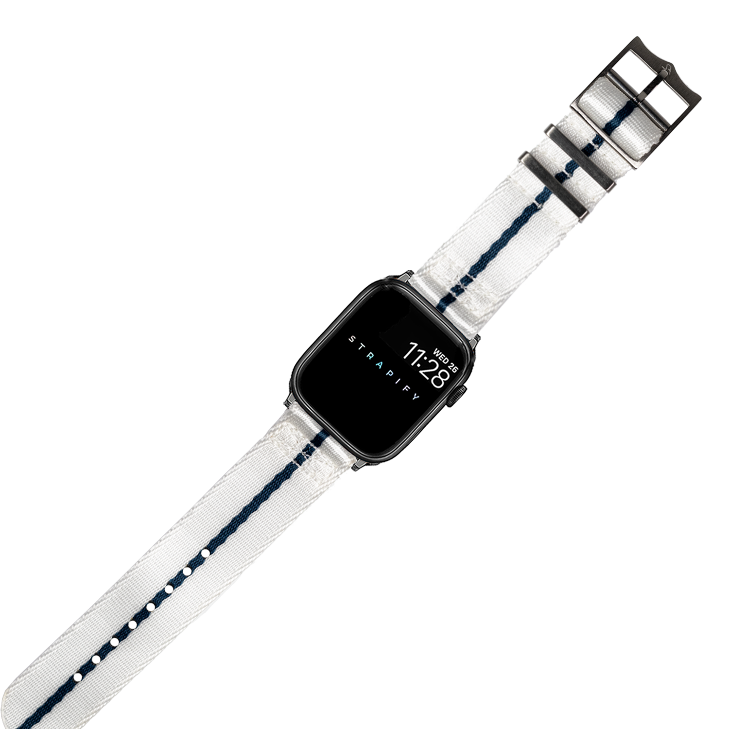 Smartwatch with black square case and white nylon strap featuring blue stripe detail and metal hardware buckle