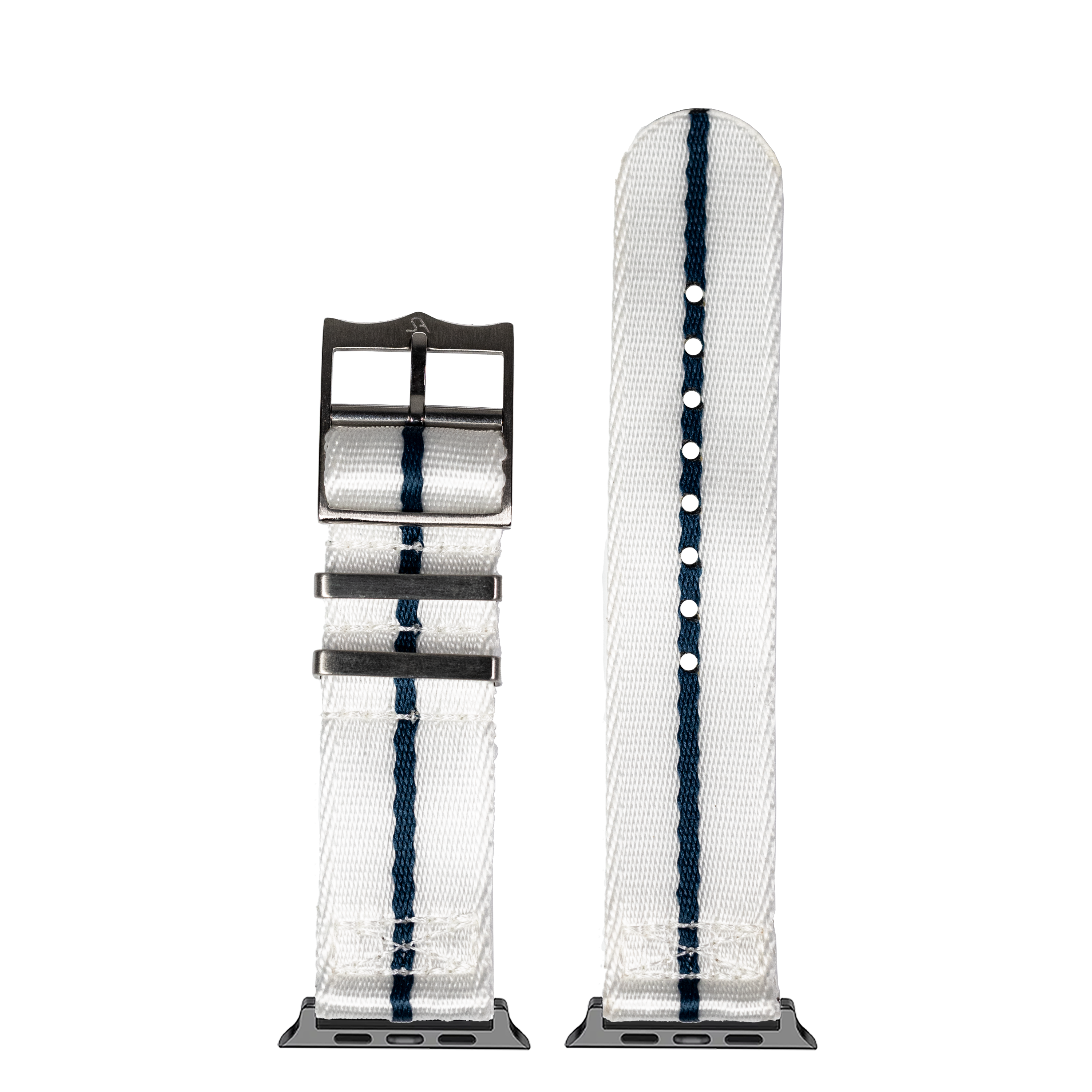 White and navy striped fabric Apple Watch band with black hardware and adjustment loops, shown assembled and unrolled