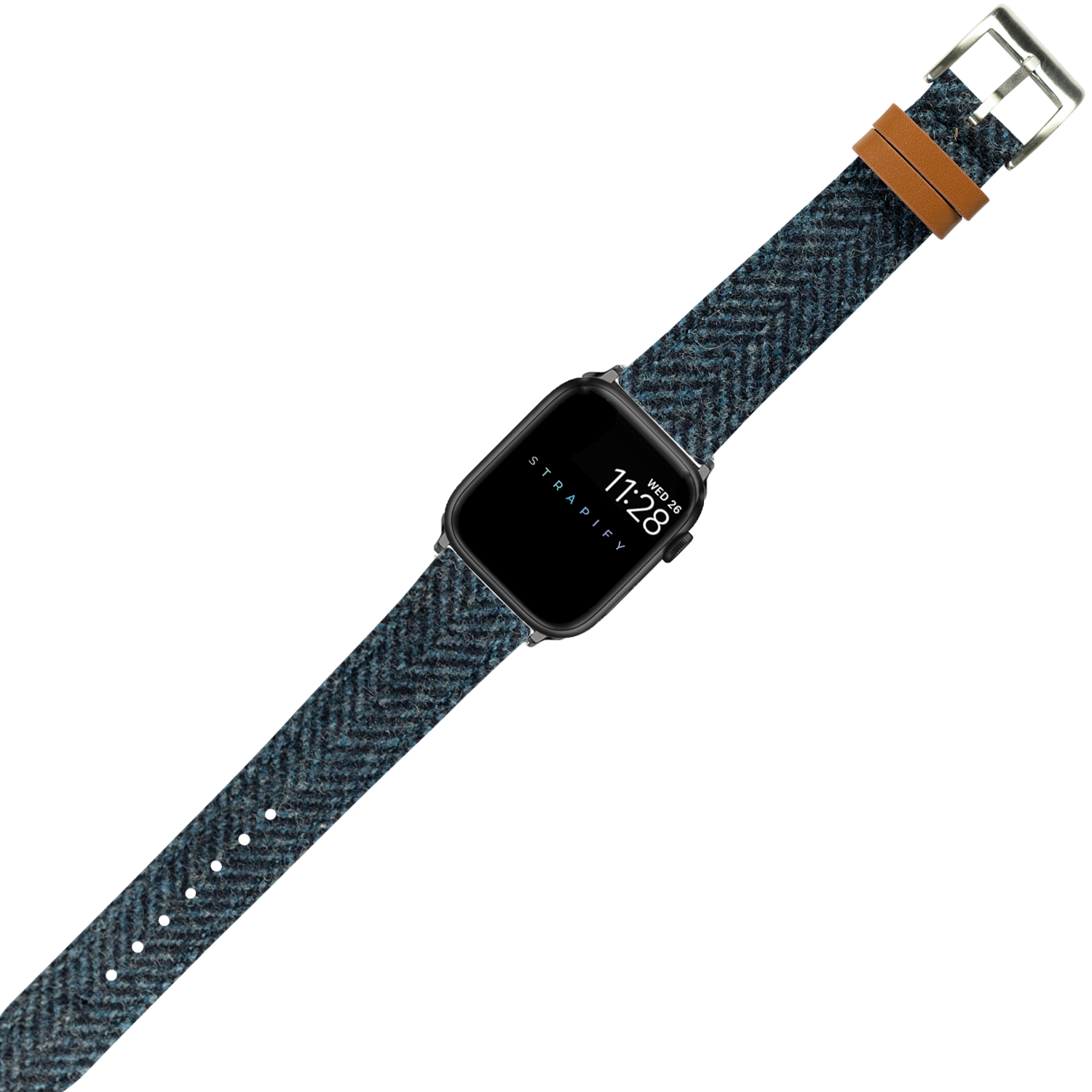 Black smartwatch with blue herringbone Harris Tweed fabric band and tan leather accent featuring silver buckle