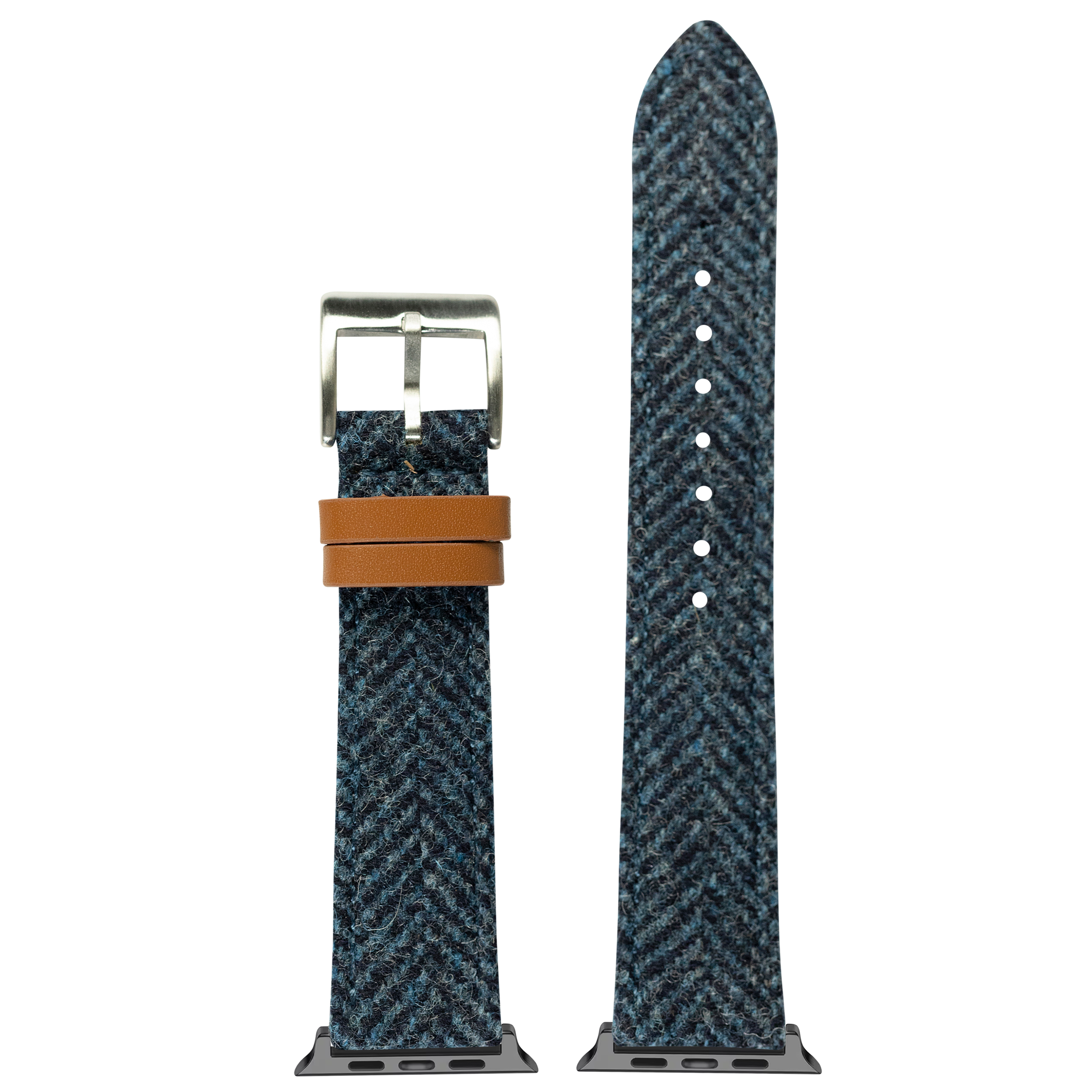 Blue herringbone Harris Tweed watch band with tan leather accent and silver buckle for Apple Watch