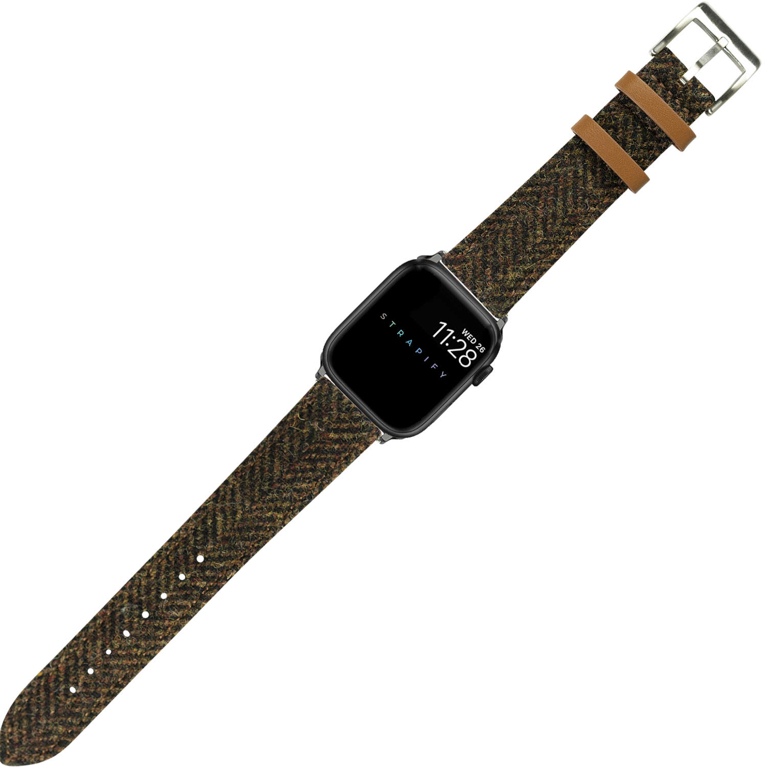 Apple Watch with brown Harris Tweed herringbone patterned band and tan leather accents featuring silver buckle