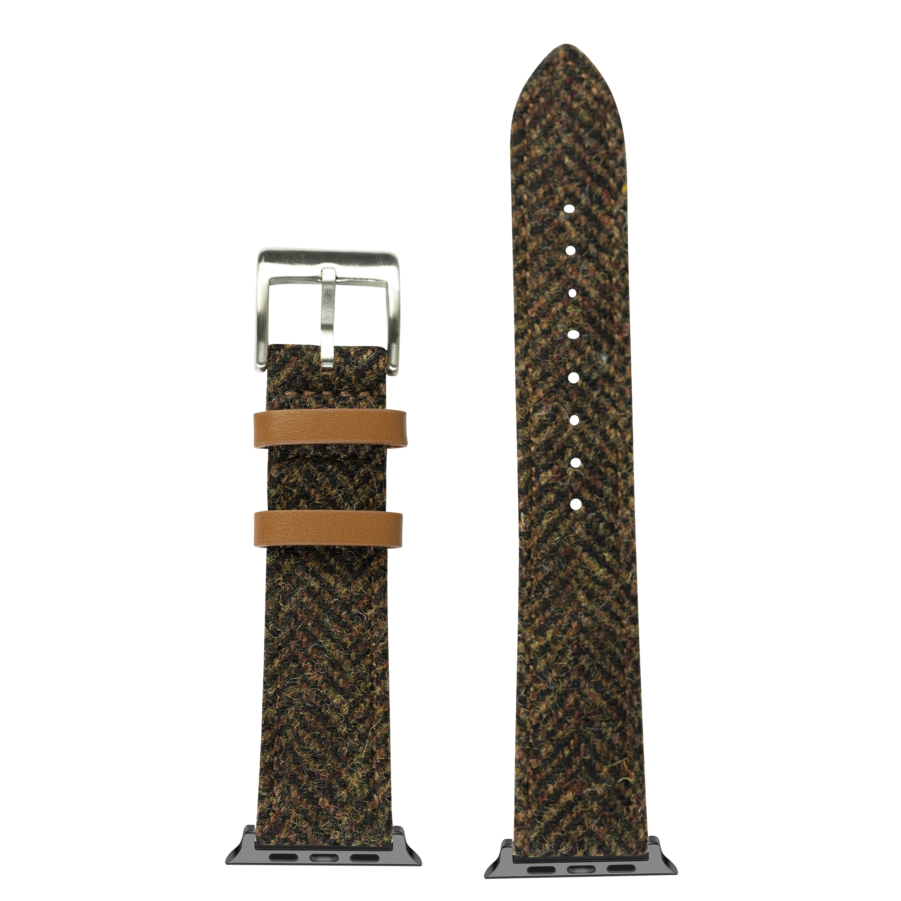 Harris Tweed herringbone brown smartwatch band with tan leather loops and silver buckle, shown assembled and unassembled