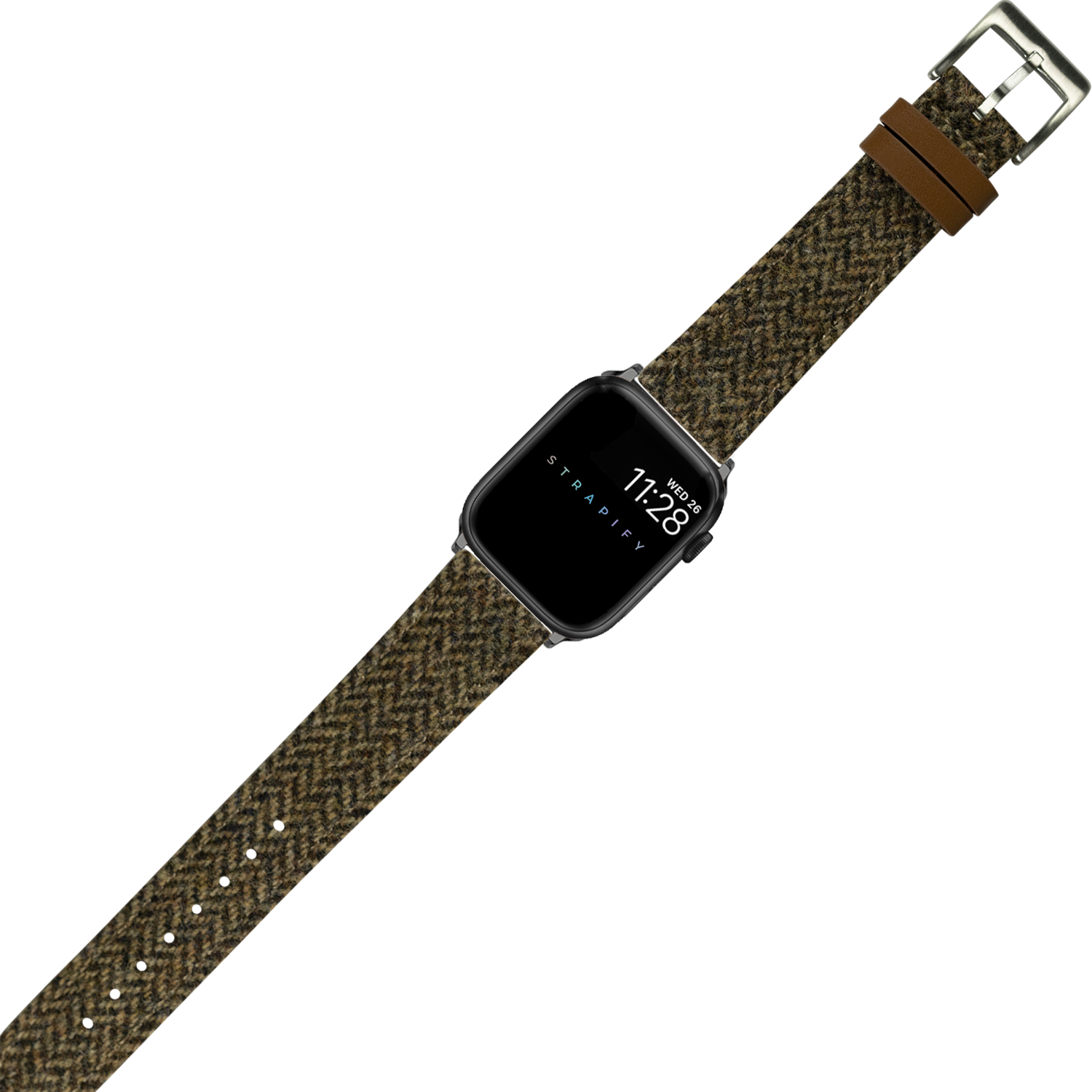 Apple Watch with dark brown Harris Tweed herringbone fabric band and silver buckle clasp