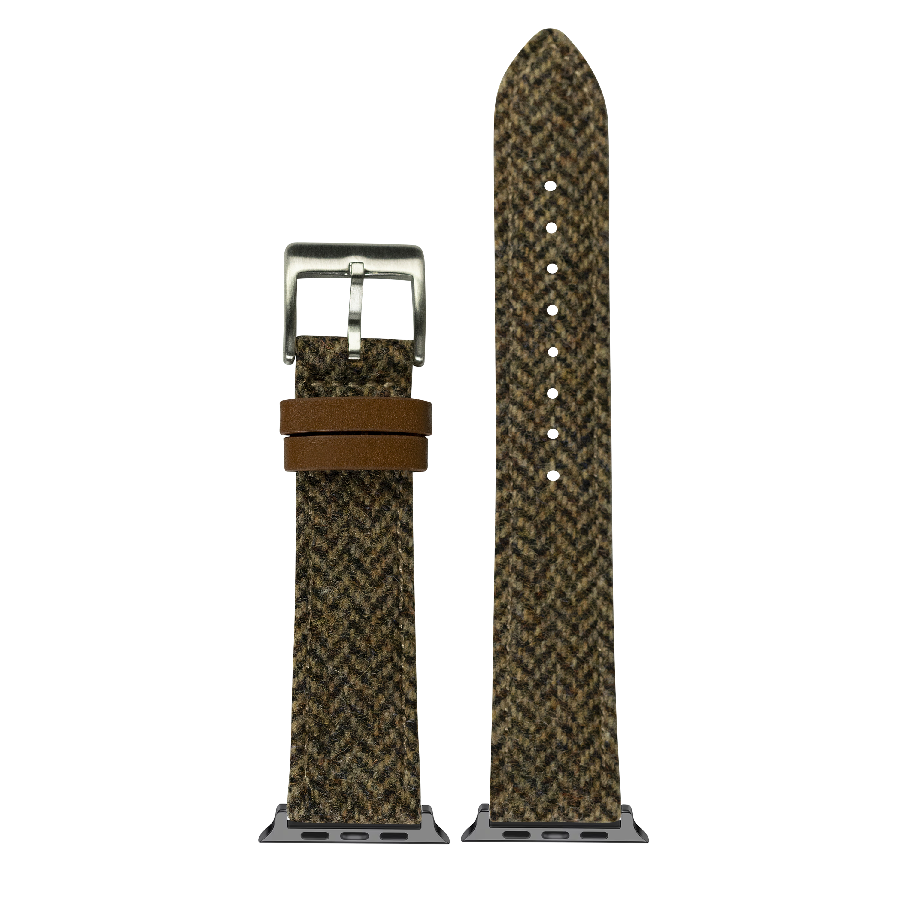 Harris Tweed herringbone dark brown smartwatch band with silver buckle and connector adapters, displayed flat