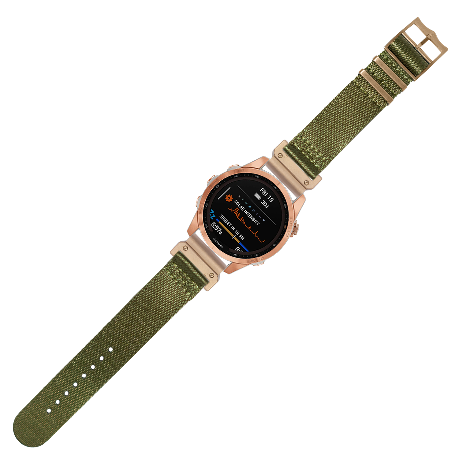 Tactical smartwatch with rose gold case, AMOLED display, and olive green fabric QuickFit band with tan hardware