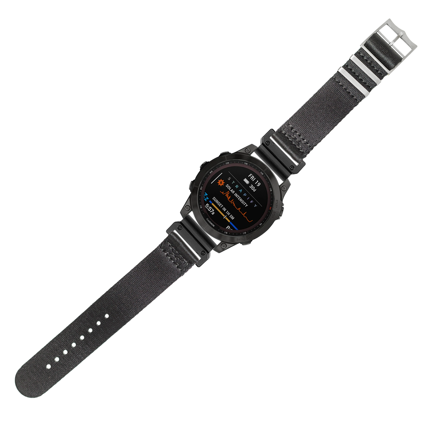 Black digital tactical watch with QuickFit strap, AMOLED display showing military data, rugged design for outdoor adventures