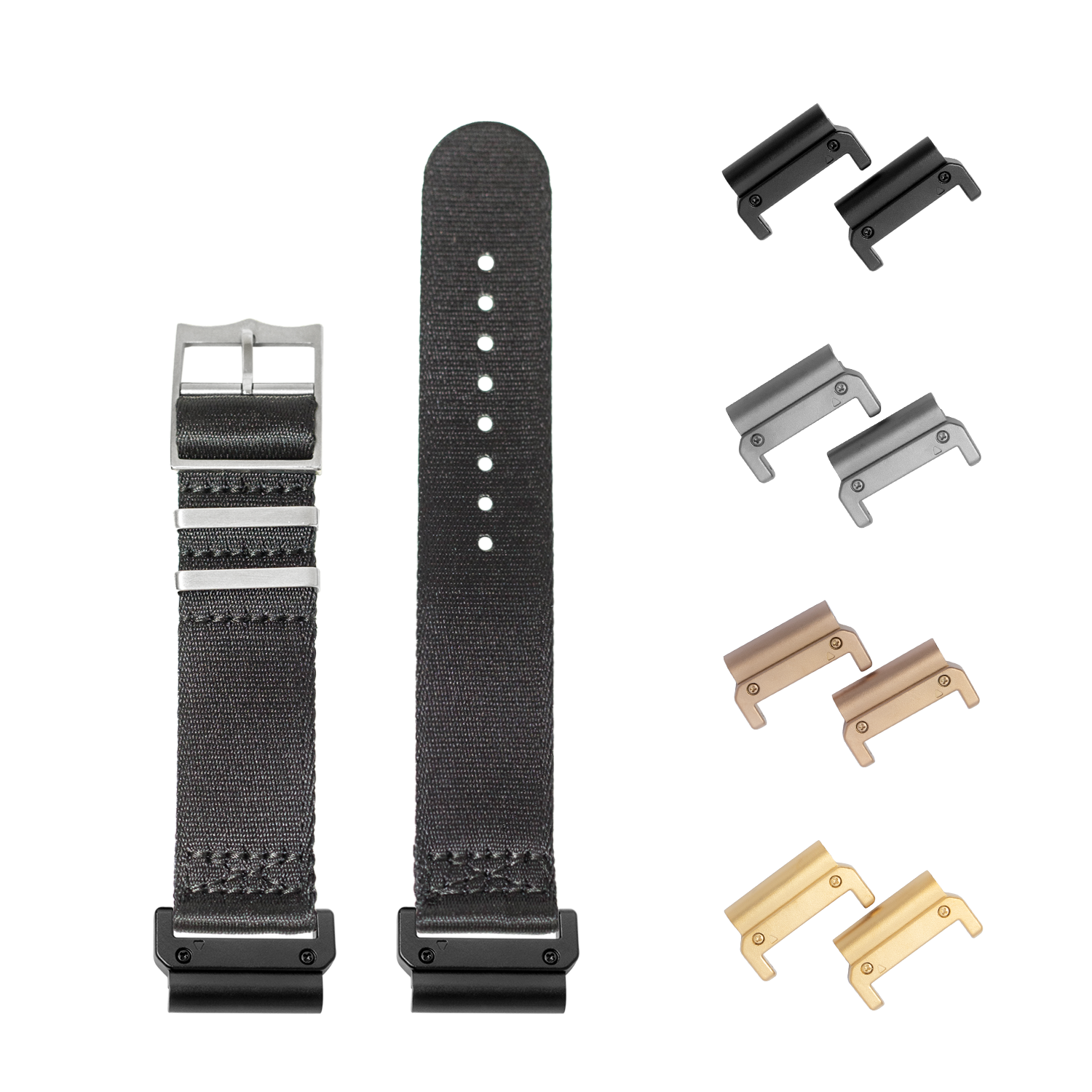 QuickFit Ultra Militex black 26mm watch band with interchangeable metal lugs in multiple finishes