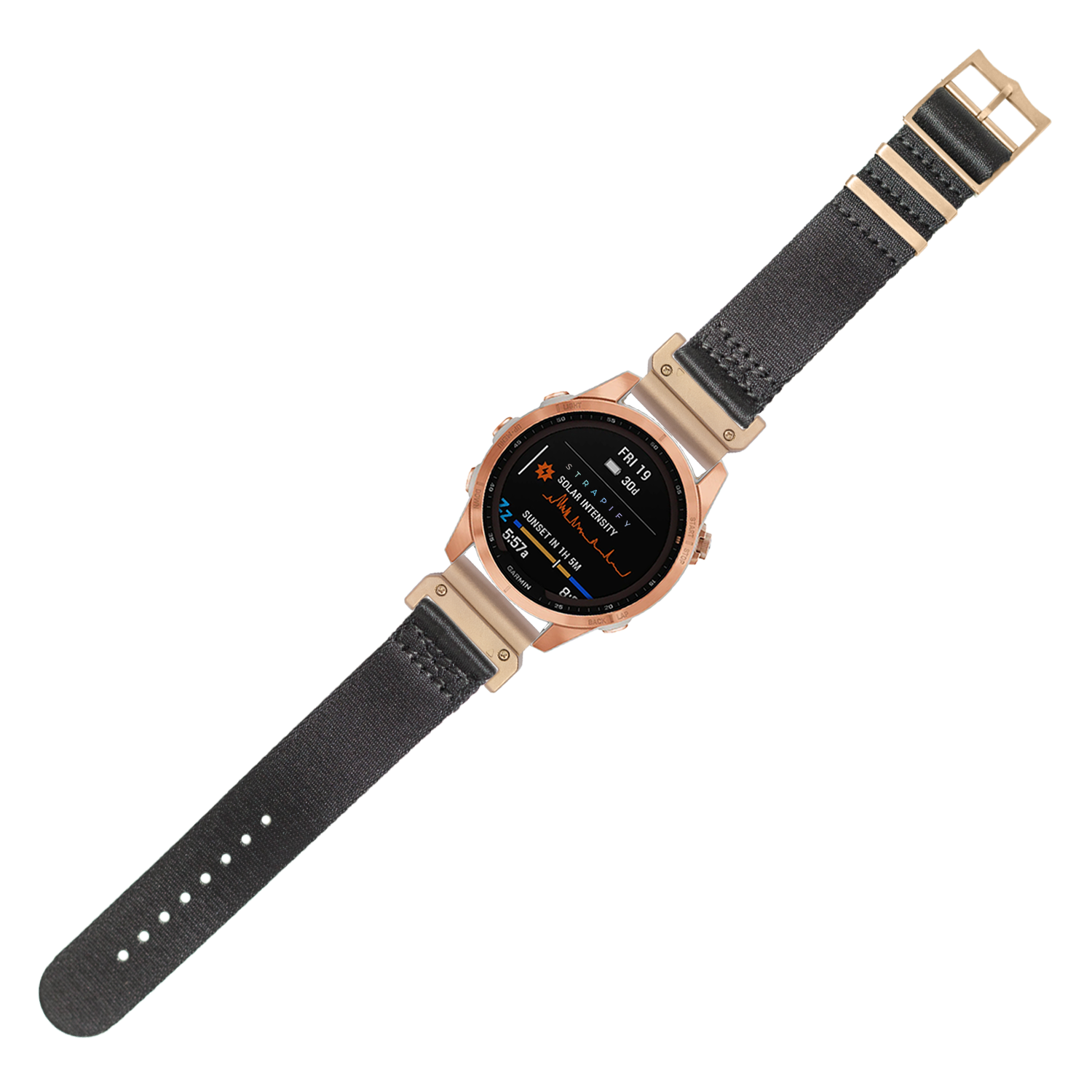 Rose gold digital smartwatch with black fabric QuickFit band, displaying time and fitness metrics on AMOLED screen