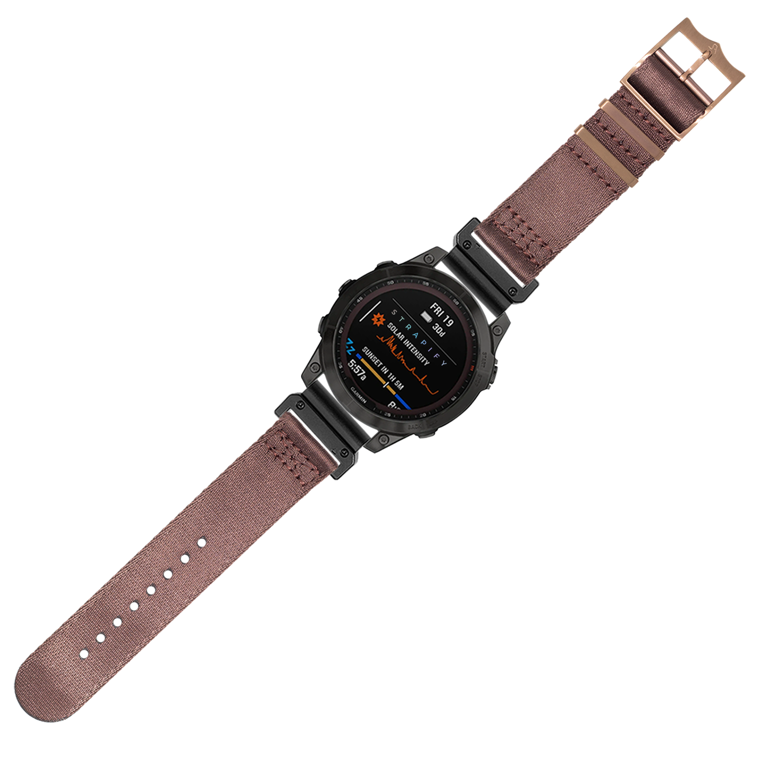 Tactical smartwatch with coffee brown fabric strap, black digital display showing heart rate metrics, rugged military-style design