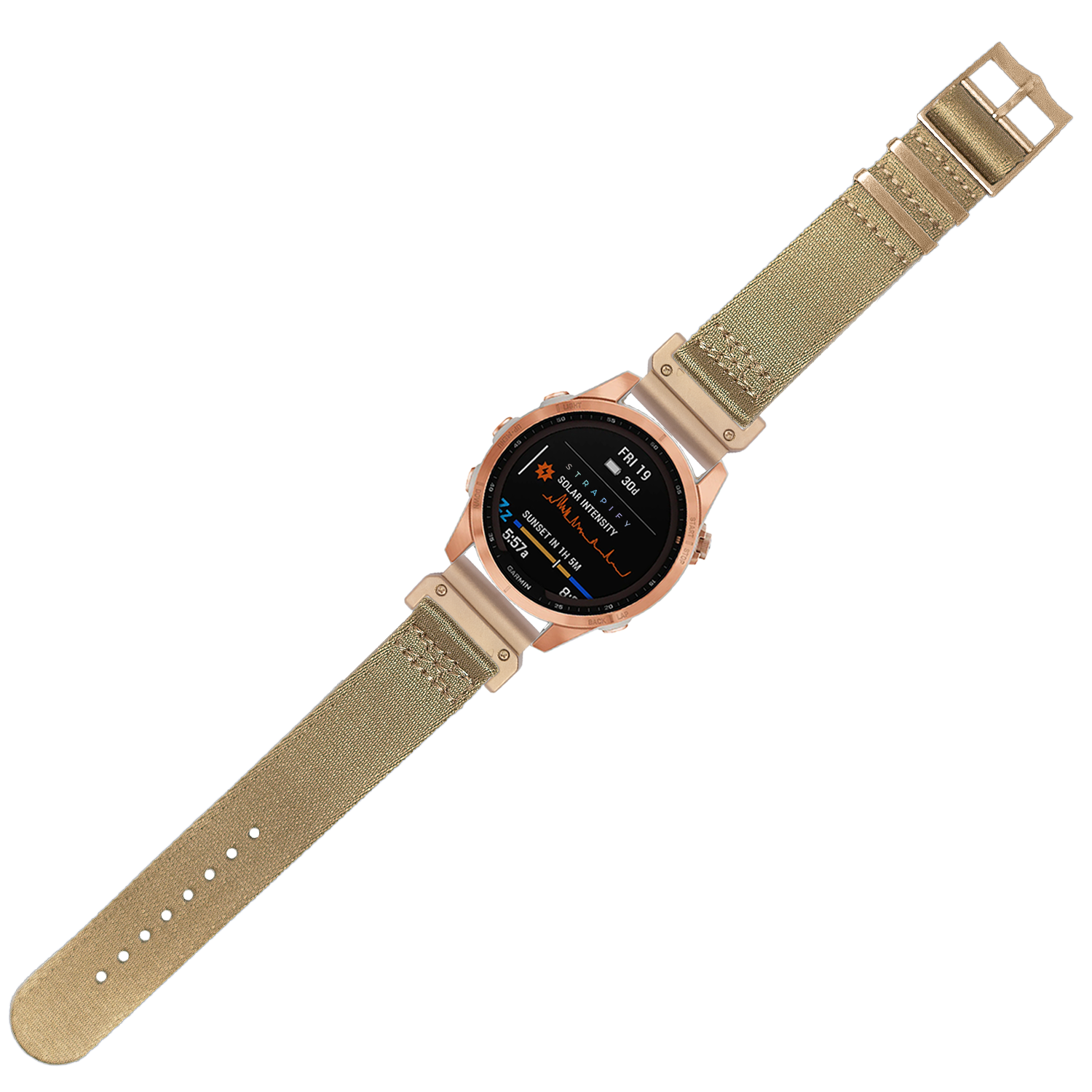 Rose gold smartwatch with desert sand fabric quick-fit band and AMOLED touchscreen display showing fitness metrics