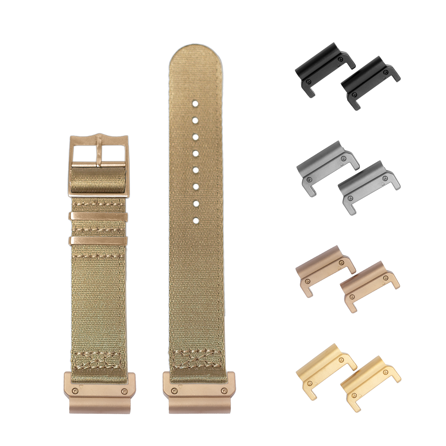 Quickfit Ultra Militex desert sand watch band with rose gold hardware and interchangeable connector lugs in multiple finishes