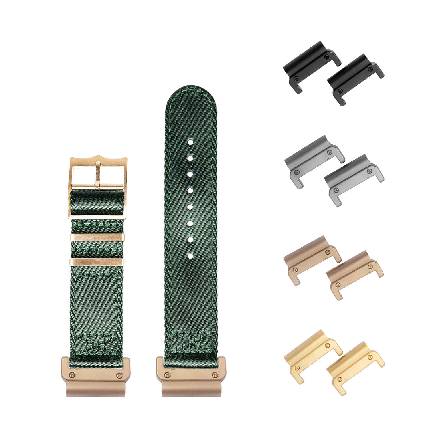 QuickFit Ultra Militex forest green fabric watch band 26mm with rose gold hardware, shown with interchangeable buckles and lugs in black, gray, bronze and gold finishes