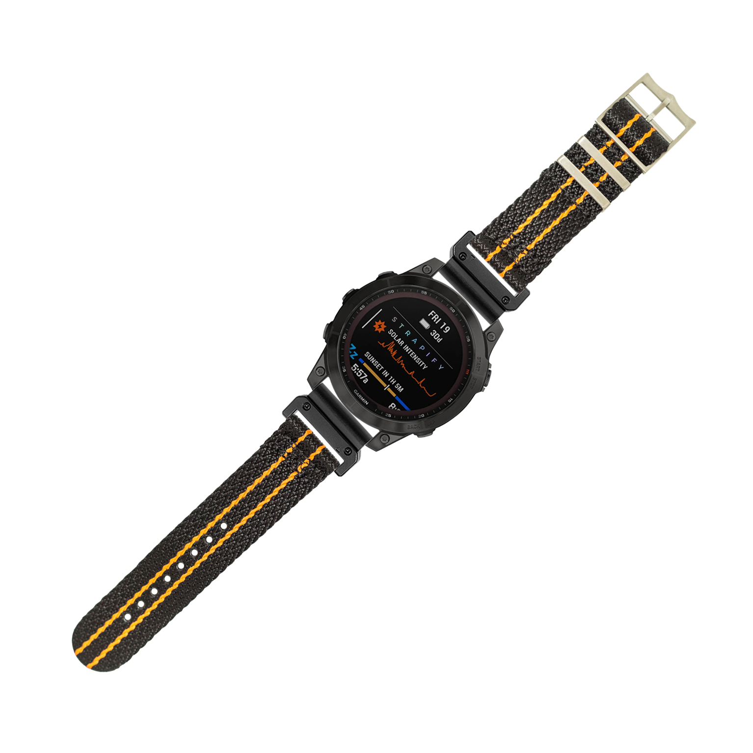 Sharktooth Militex black and orange 26mm QuickFit watch band with tactical nylon strap and metal hardware