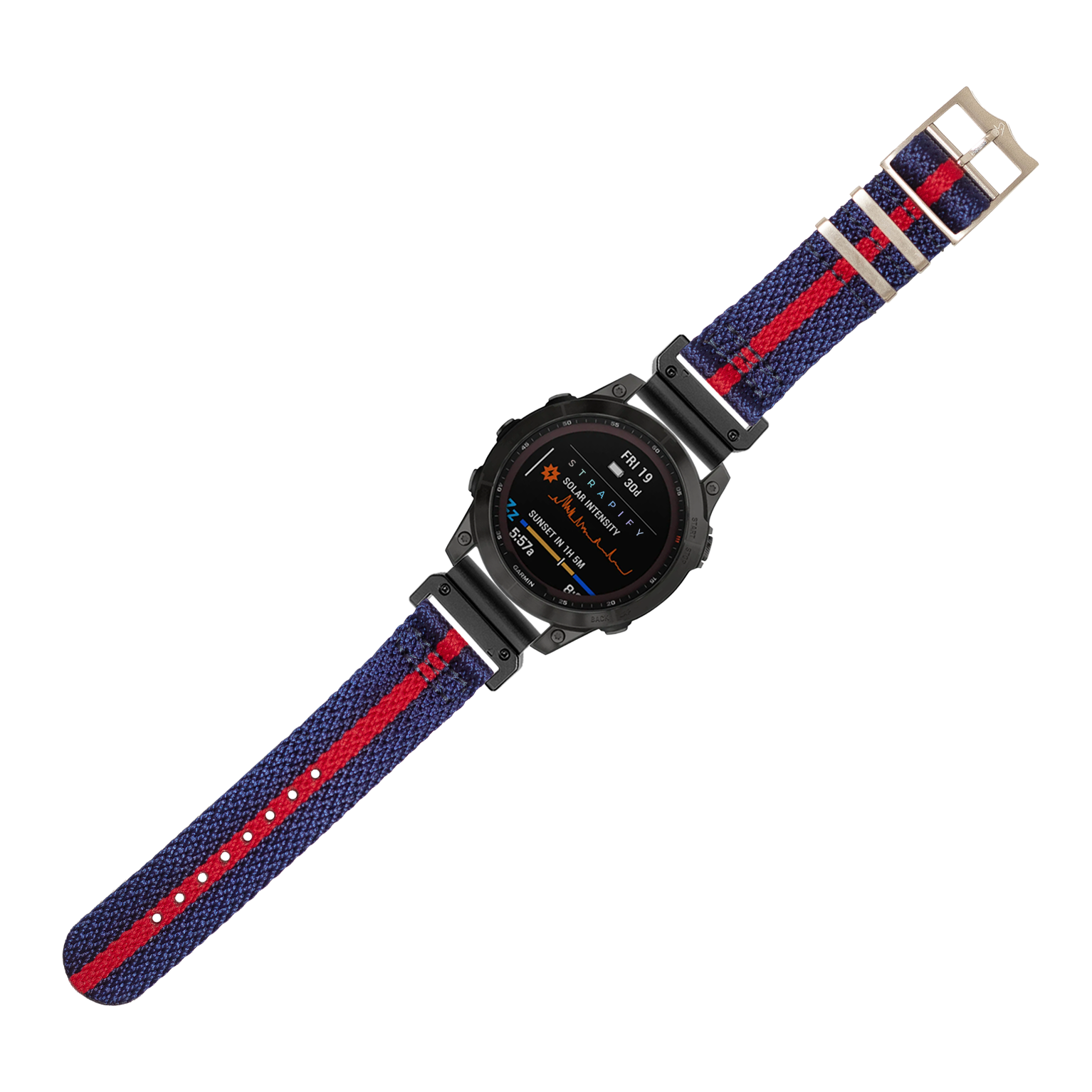 Black digital sports watch with striped blue and red fabric strap, featuring AMOLED display and military-style case design