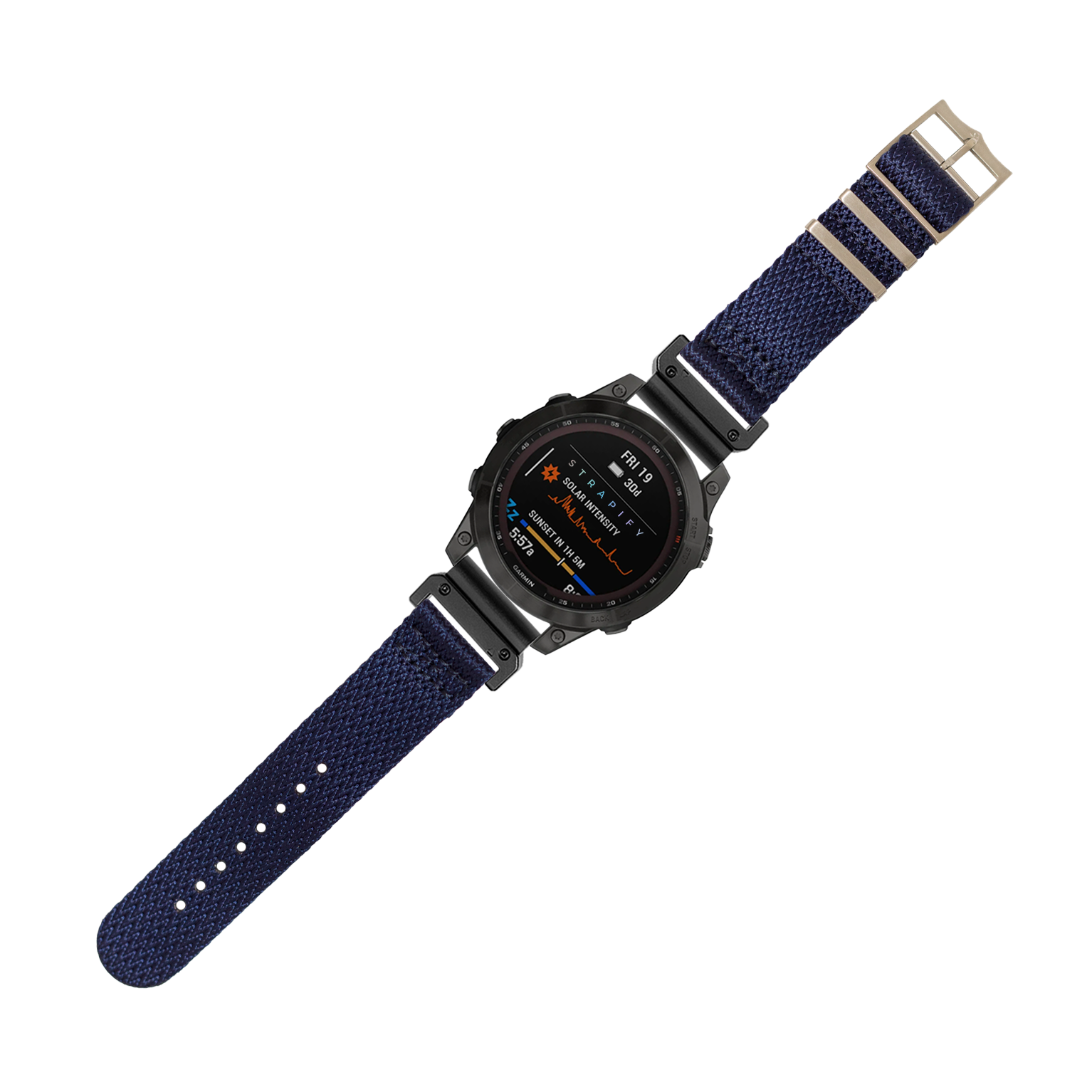 Black digital smartwatch with navy blue Militex fabric strap and tan hardware, displaying fitness metrics on AMOLED screen