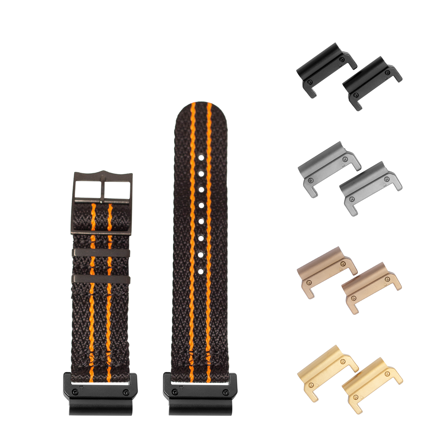 QuickFit Sharktooth Militex black and orange nylon watch strap with interchangeable hardware set in black, gray, bronze and tan finishes