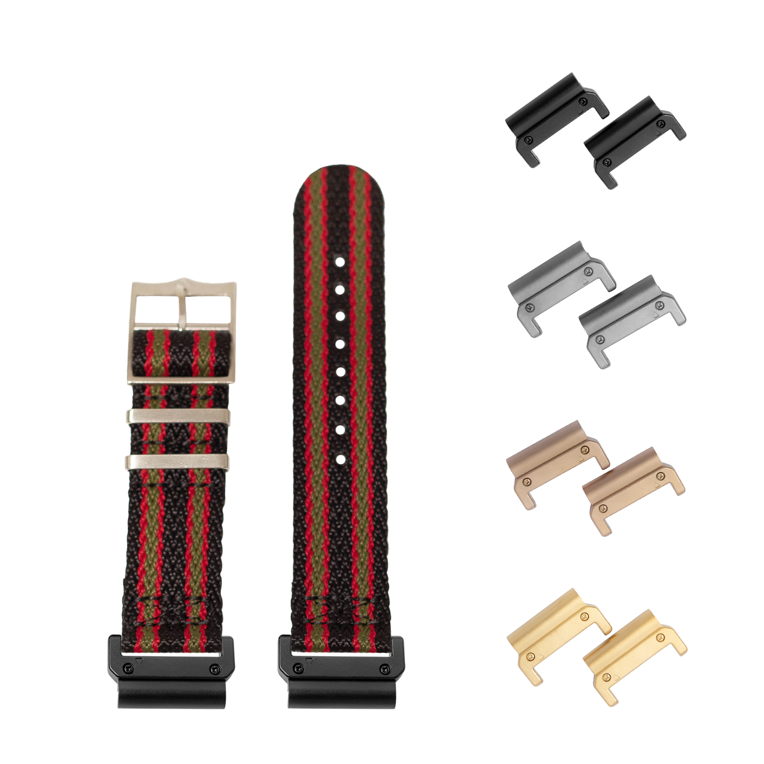 QuickFit Sharktooth Militex watch strap in vintage bond black red and green with interchangeable metal lugs in multiple finishes