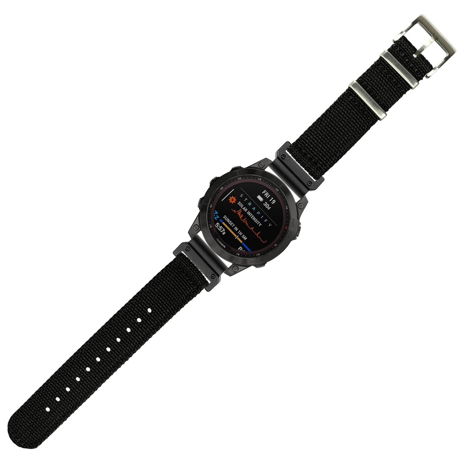 Black tactical digital smartwatch with nylon strap and metal case, displaying fitness metrics on AMOLED screen