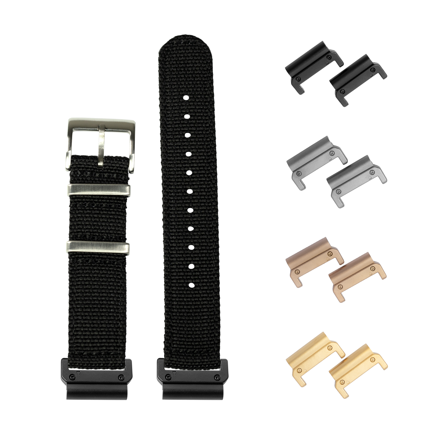 Black nylon military watch strap with interchangeable lugs in multiple finishes including black, gunmetal, rose gold and gold