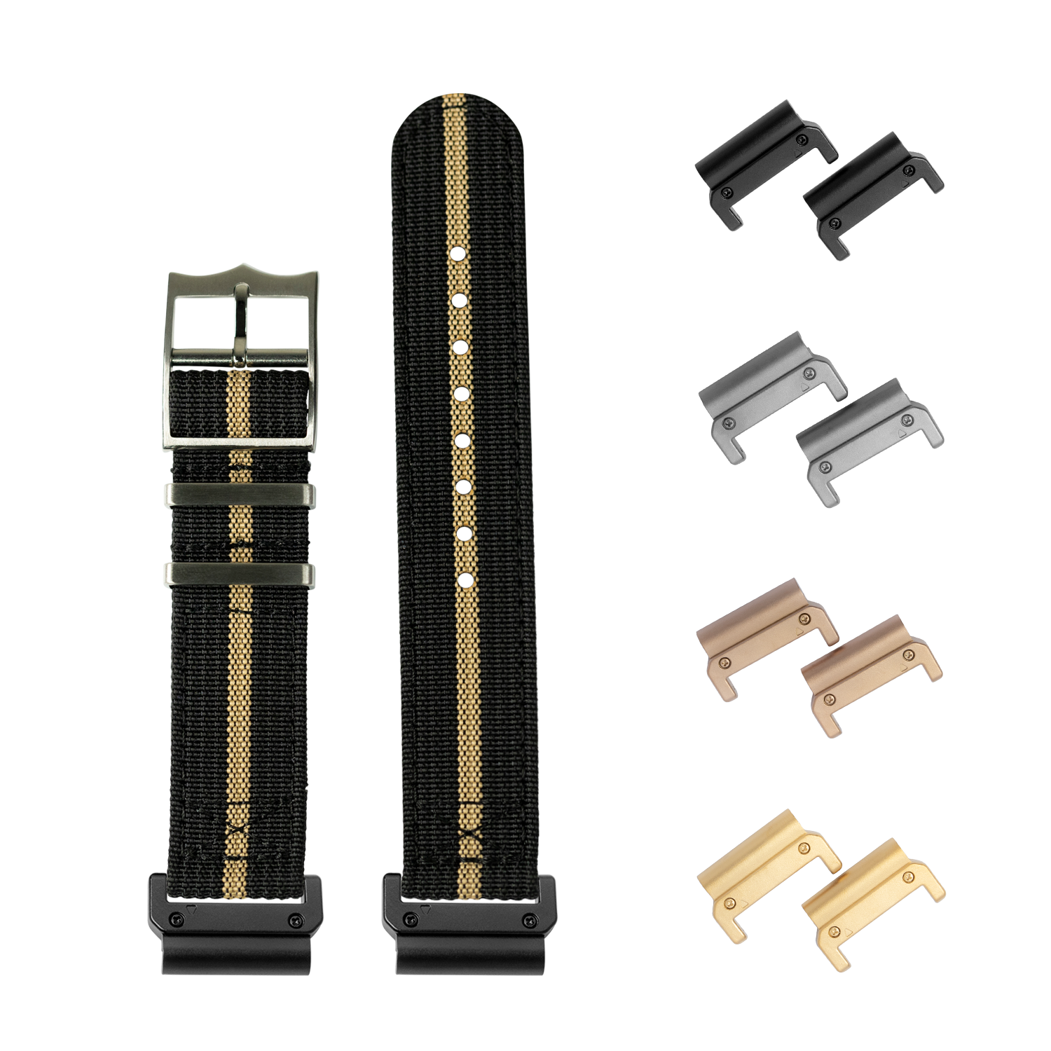 QuickFit Alpha Militex black nylon watch strap with wheat stripe and interchangeable lugs in multiple finishes