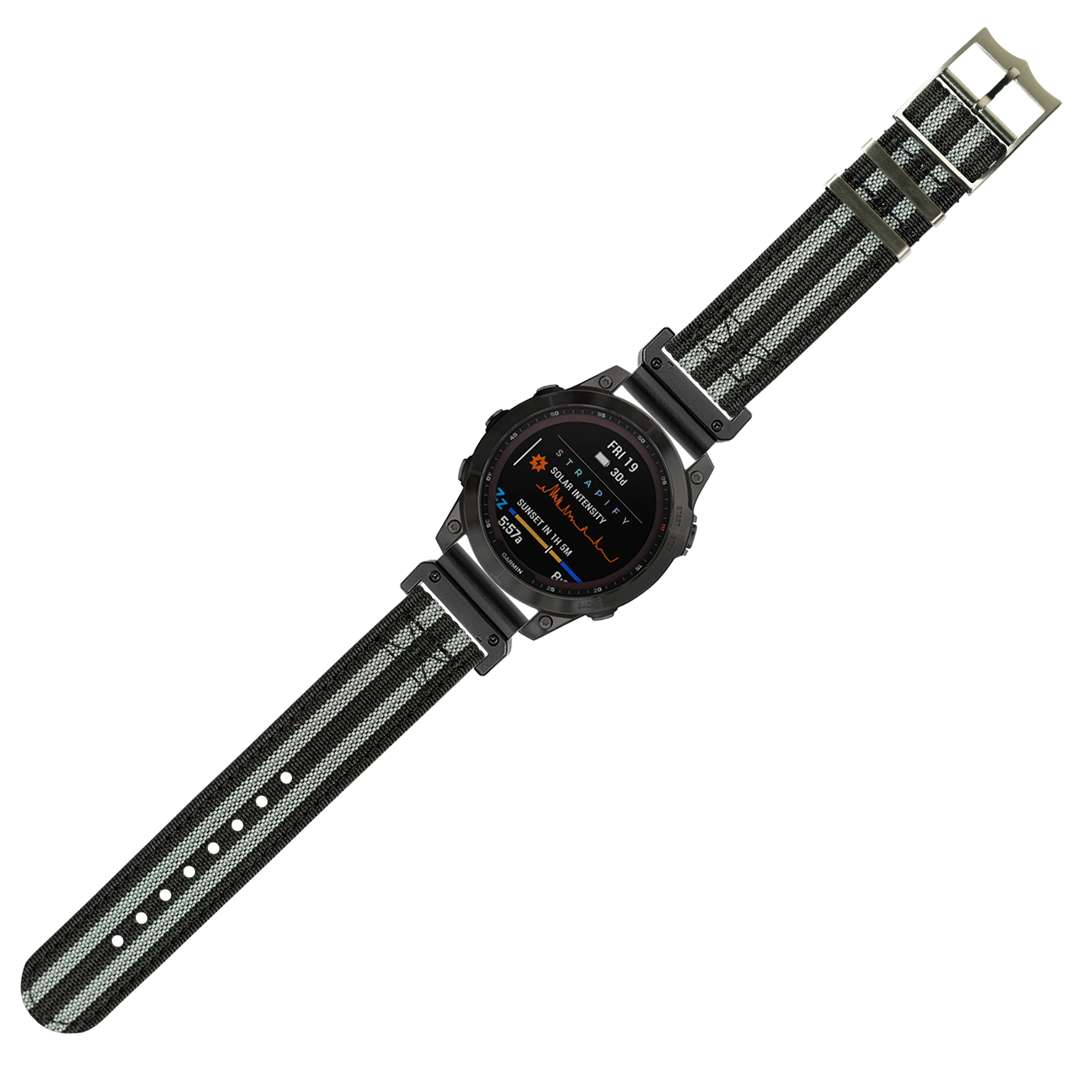 Black tactical smartwatch with AMOLED display, rugged case, and gray fabric military-style strap with quick-fit system