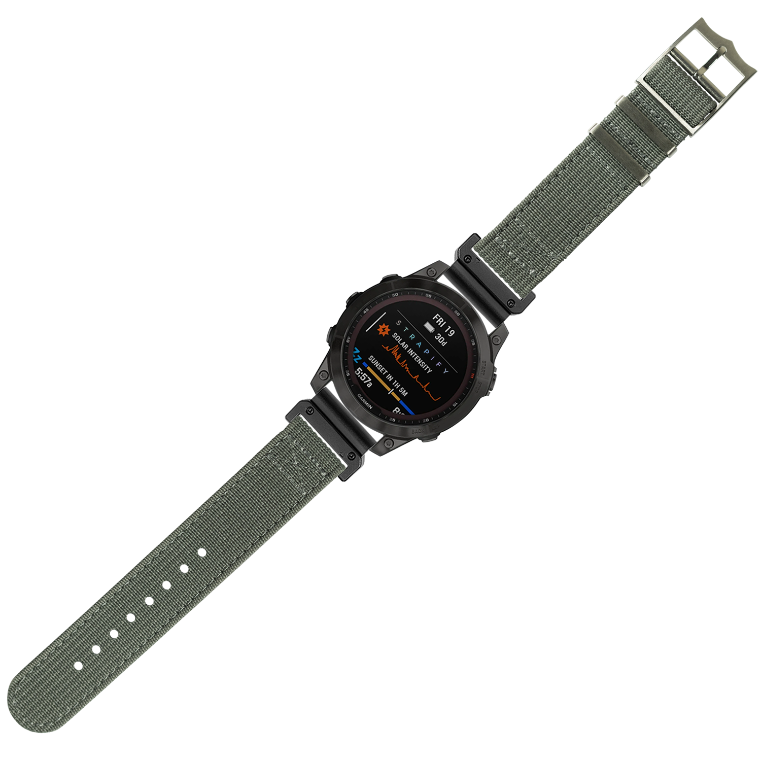 Military tactical smartwatch with dark grey nylon strap and digital display showing fitness metrics