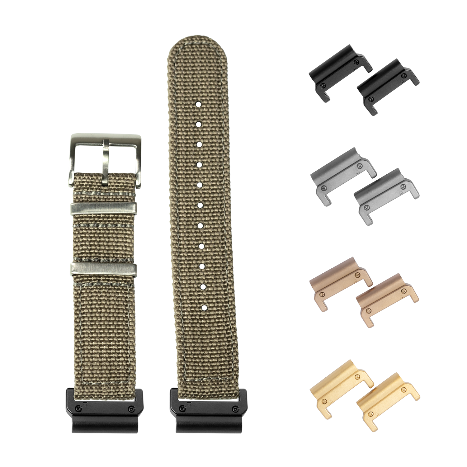 QuickFit Alpha Militex desert sand 26mm watch band with interchangeable metal lugs in black, silver, bronze and gold finishes