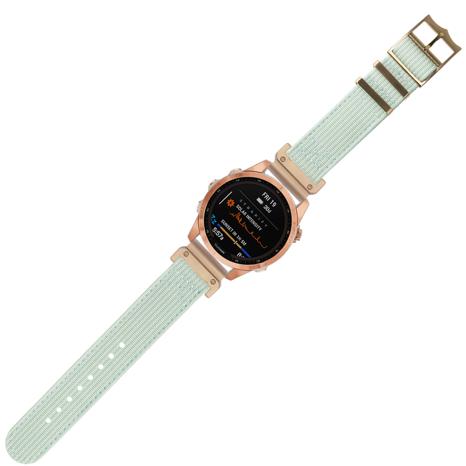 QuickFit Alpha Militex light blue 26mm smartwatch band with rose gold hardware and digital display showing health metrics