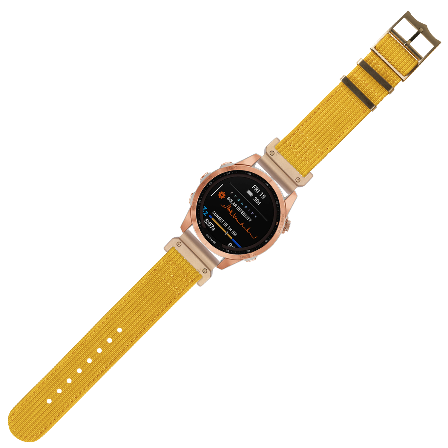 Rose gold smartwatch with black AMOLED display and mustard yellow fabric QuickFit band with tan hardware