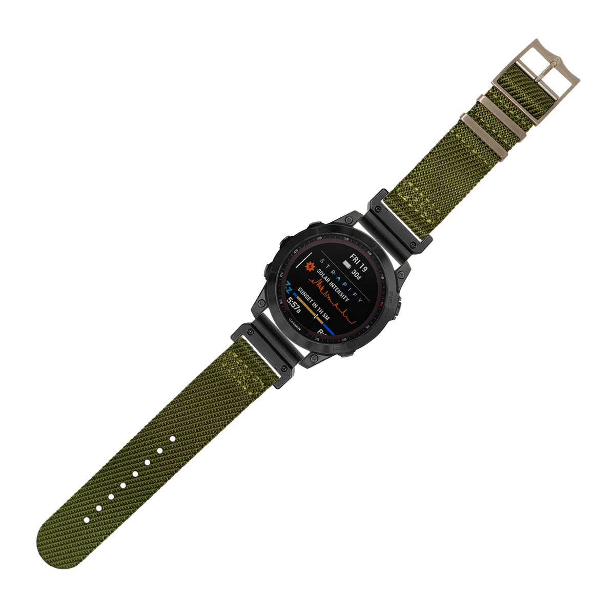 Military smartwatch with black case and army green fabric strap, digital display showing tactical information and compass readings