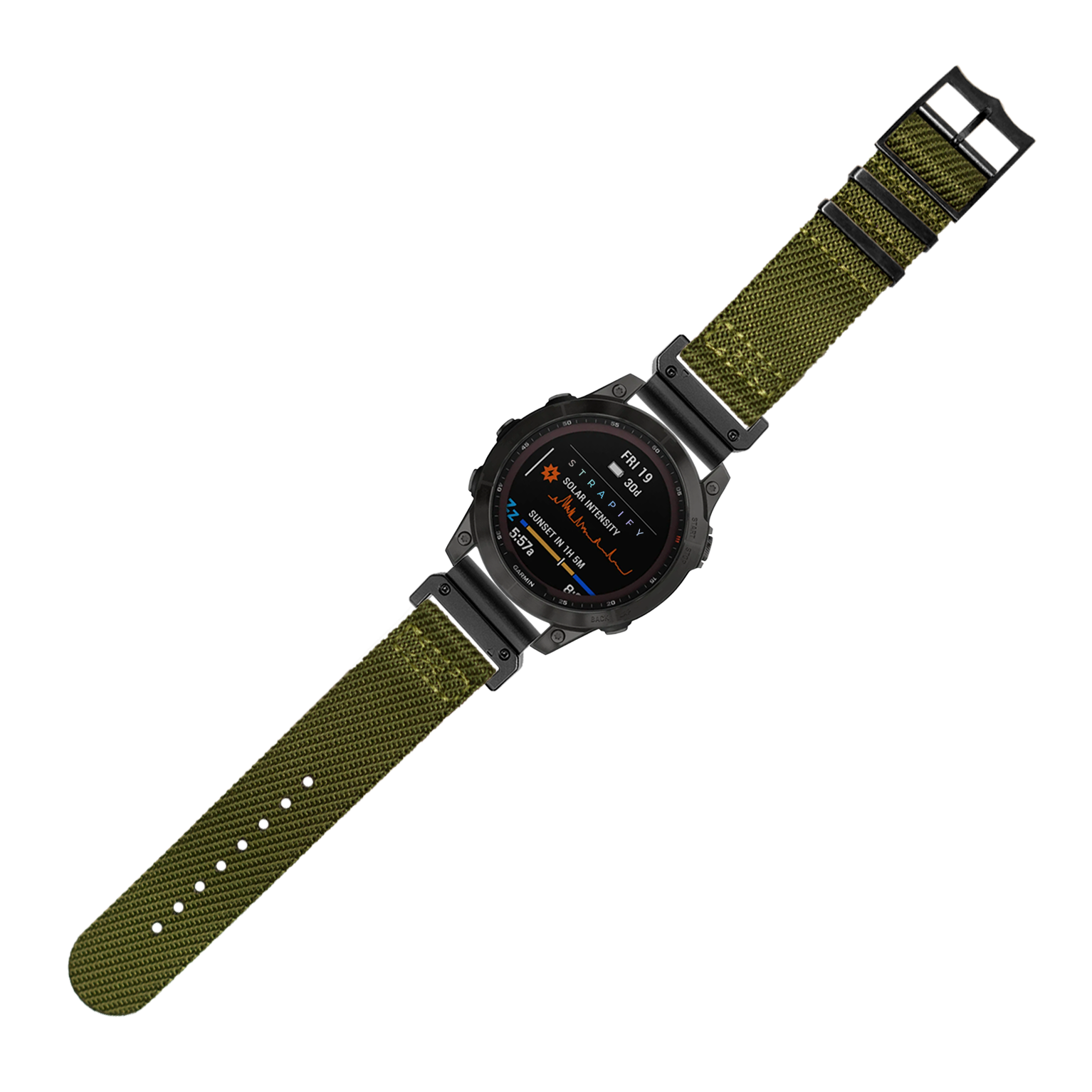 Military smartwatch with black digital display and army green woven fabric band with quick-fit system and black hardware