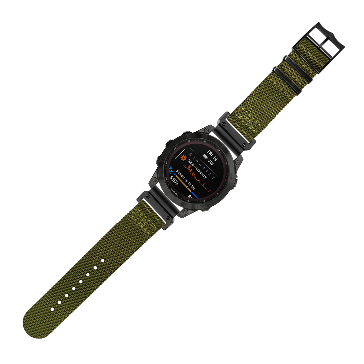 Military smartwatch with black digital display and army green woven fabric band with quick-fit system and black hardware