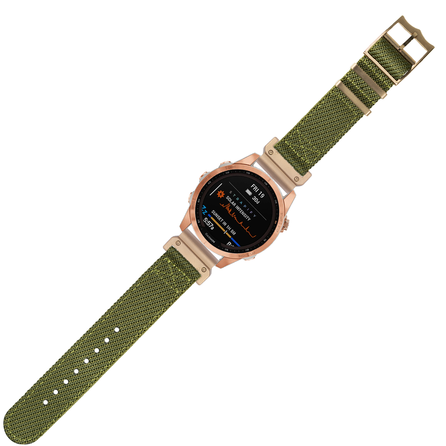 Tactical smartwatch with rose gold case and AMOLED display on army green woven fabric quick-release band with tan hardware