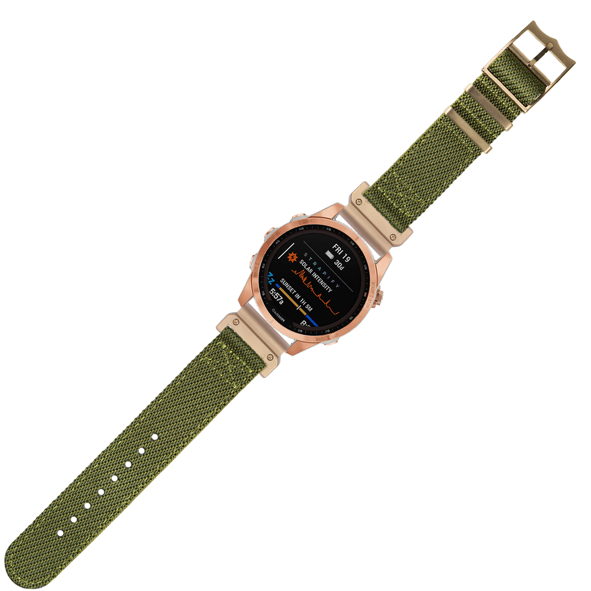Tactical smartwatch with rose gold case and AMOLED display on army green woven fabric quick-release band with tan hardware