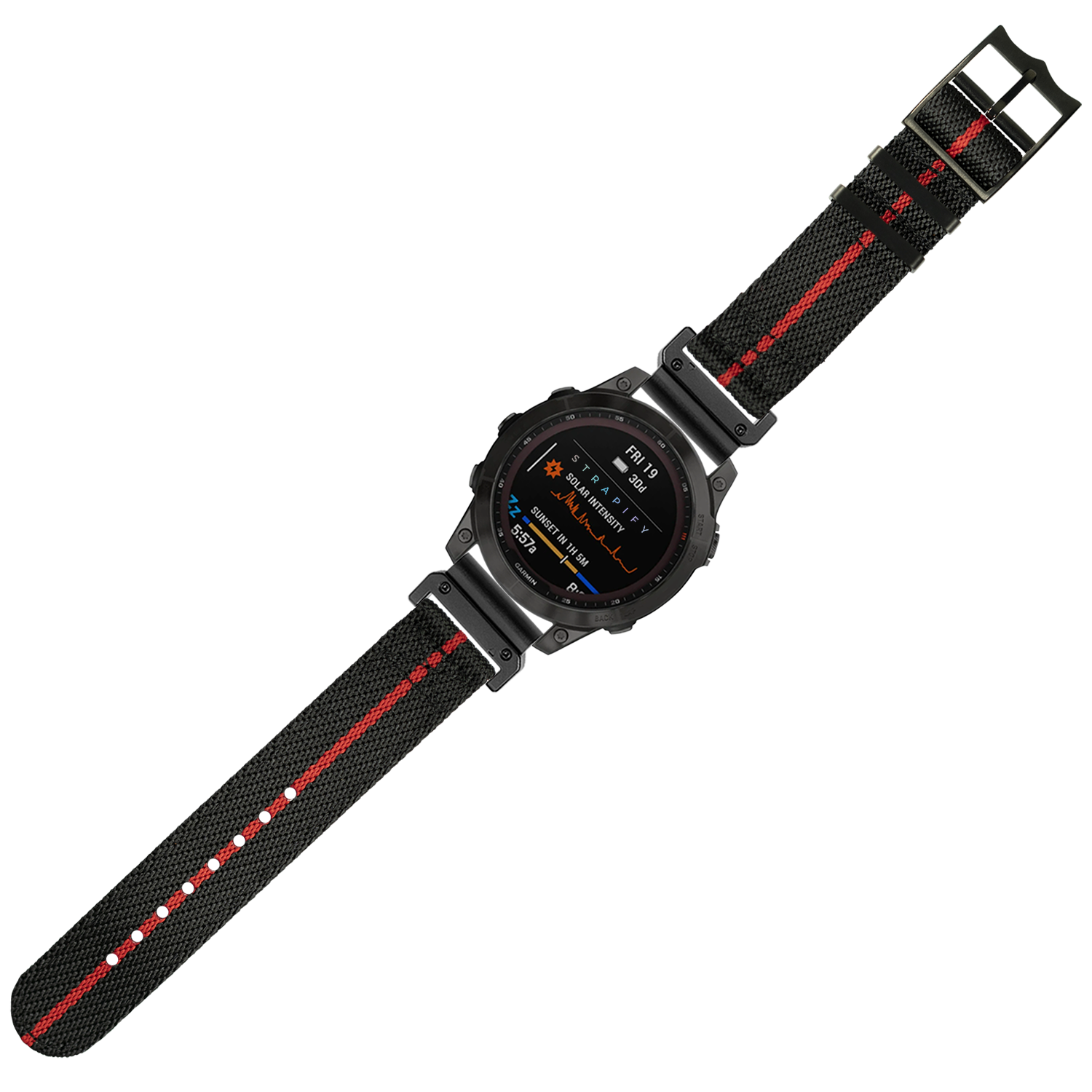Black and red Militex tactical smartwatch band with black hardware, 26mm QuickFit compatible strap for sports and military watches