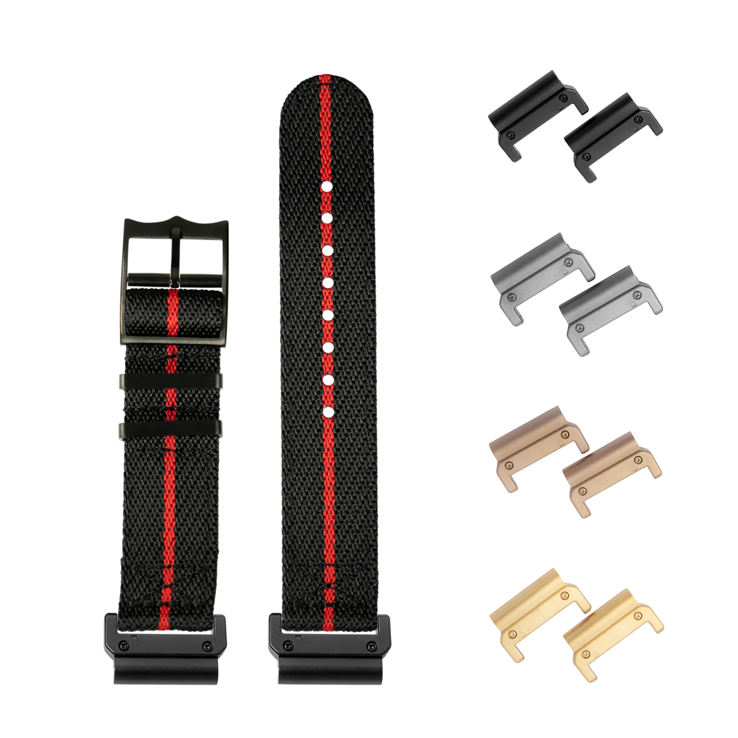 QuickFit Cross Militex black and red nylon watch band 26mm with interchangeable black hardware lugs included