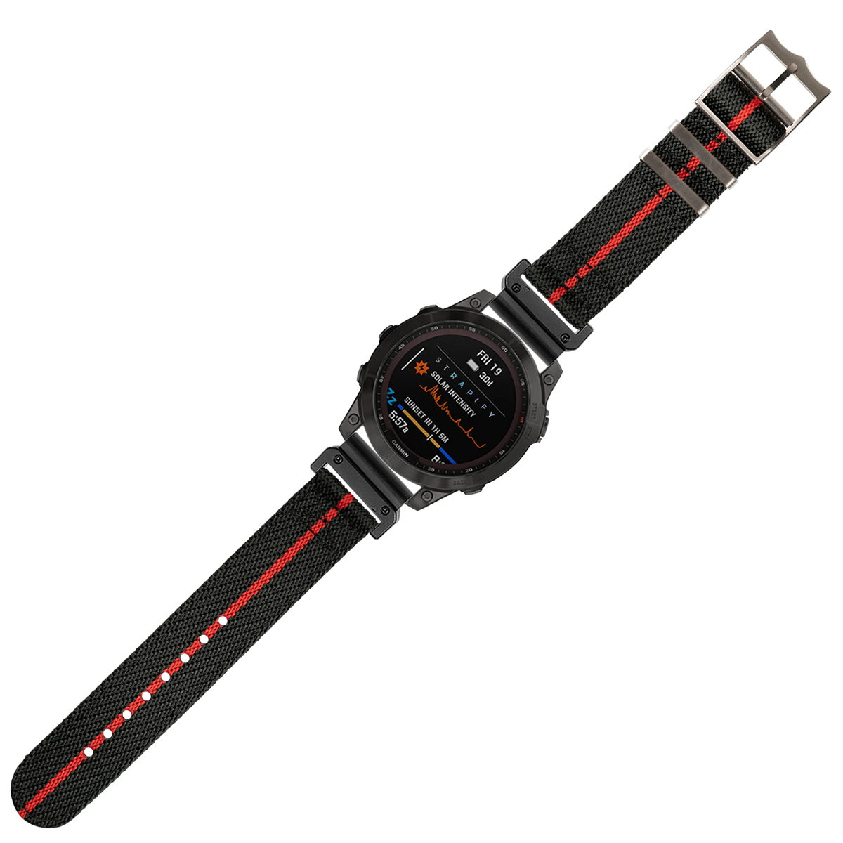 Black and red striped military fabric watch strap with quick-fit 26mm connector and digital sports watch display
