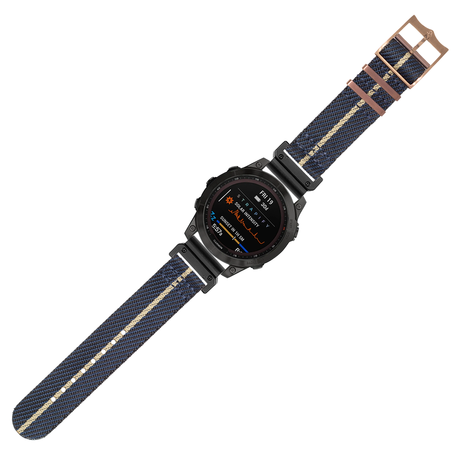 Black digital watch with blue and tan striped nylon QuickFit strap and bronze hardware, sports chronograph display