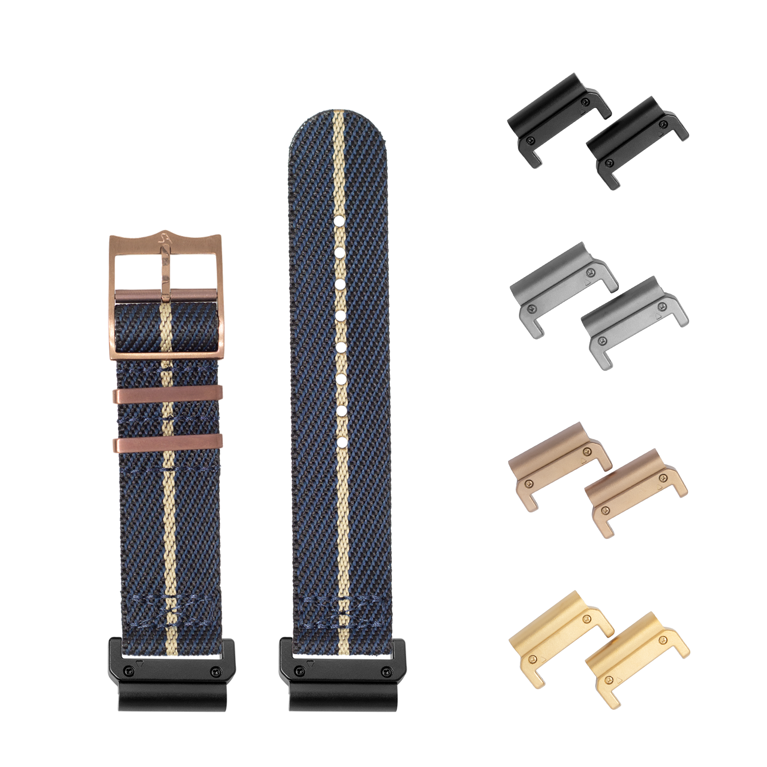 QuickFit Cross Militex blue and wheat fabric watch strap 26mm with interchangeable bronze hardware lugs