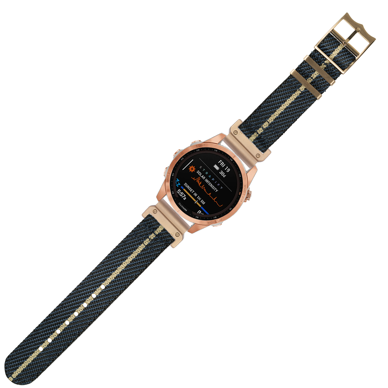 Rose gold smartwatch with AMOLED display and black woven fabric strap with khaki stripe, QuickFit 26mm military watch band