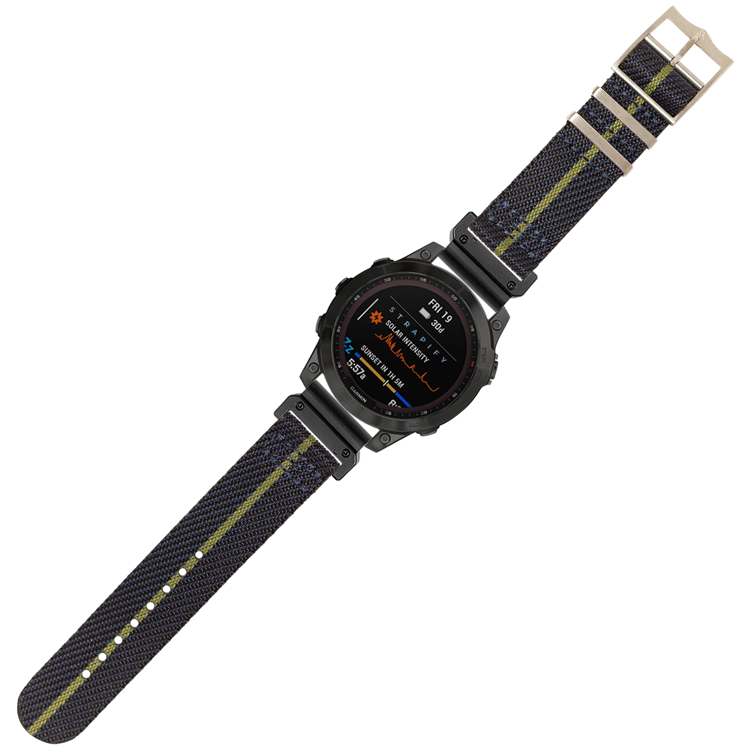 Black tactical smartwatch with AMOLED display and night blue fabric strap with green stripe, QuickFit 26mm band
